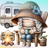 Gnome in oversized hat holding mug, sits in chair near campfire and camper.