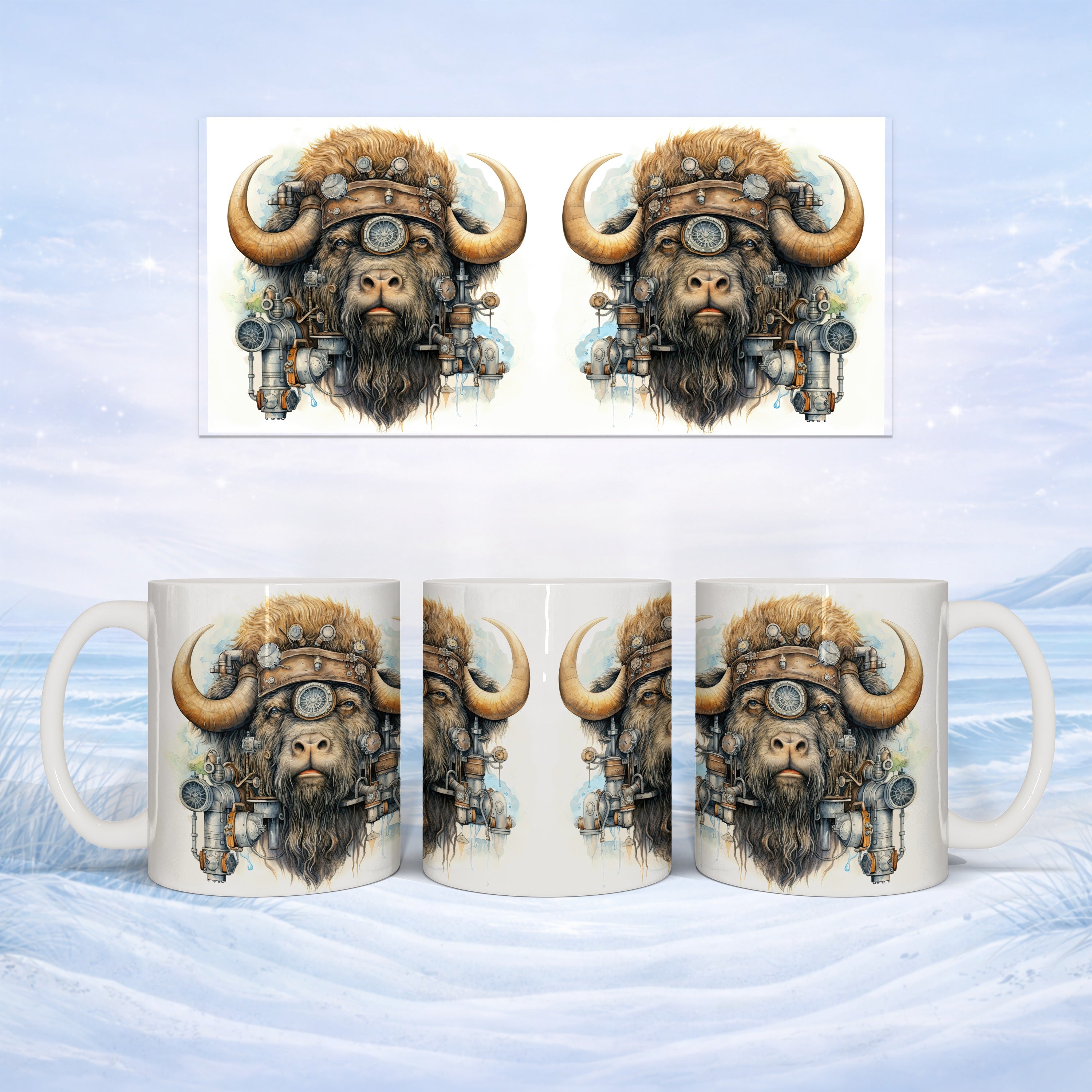 Steampunk buffalo head design wraps around three views of a white ceramic mug.