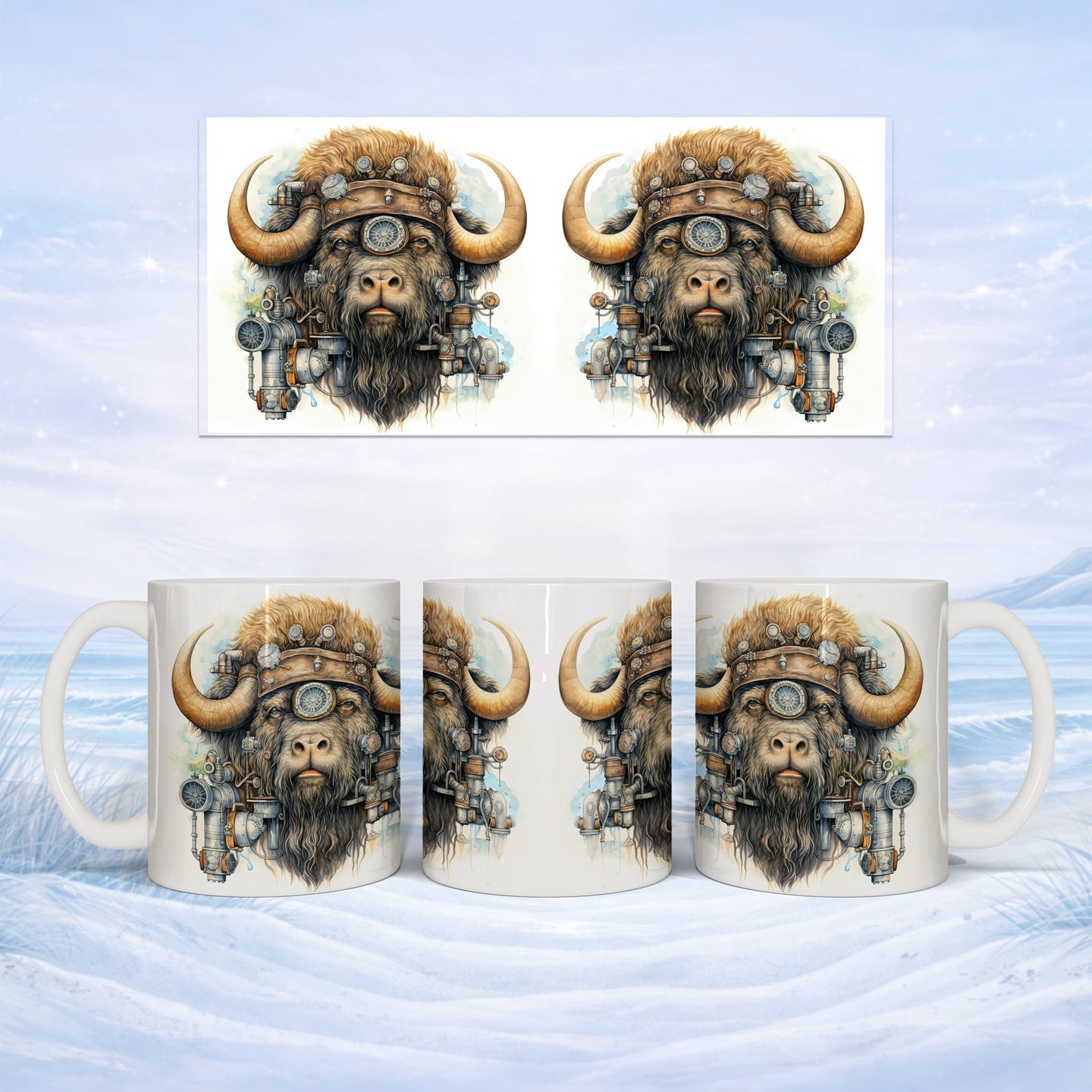 Steampunk buffalo head design wraps around three views of a white ceramic mug.