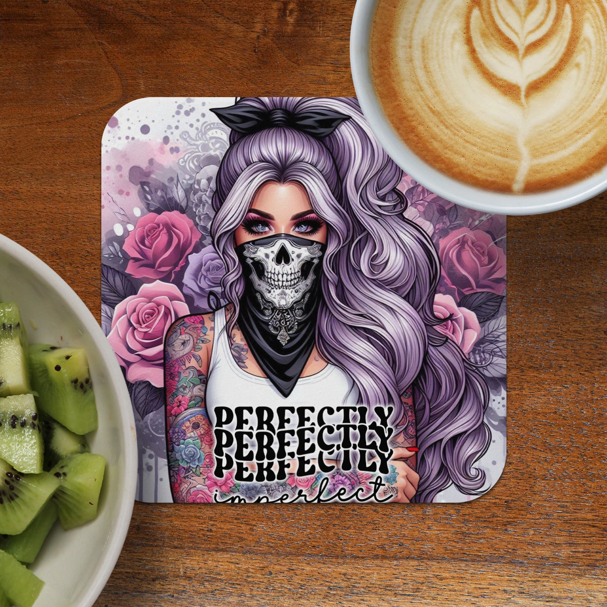 Woman with skull bandana and floral background, "Perfectly Imperfect" text.