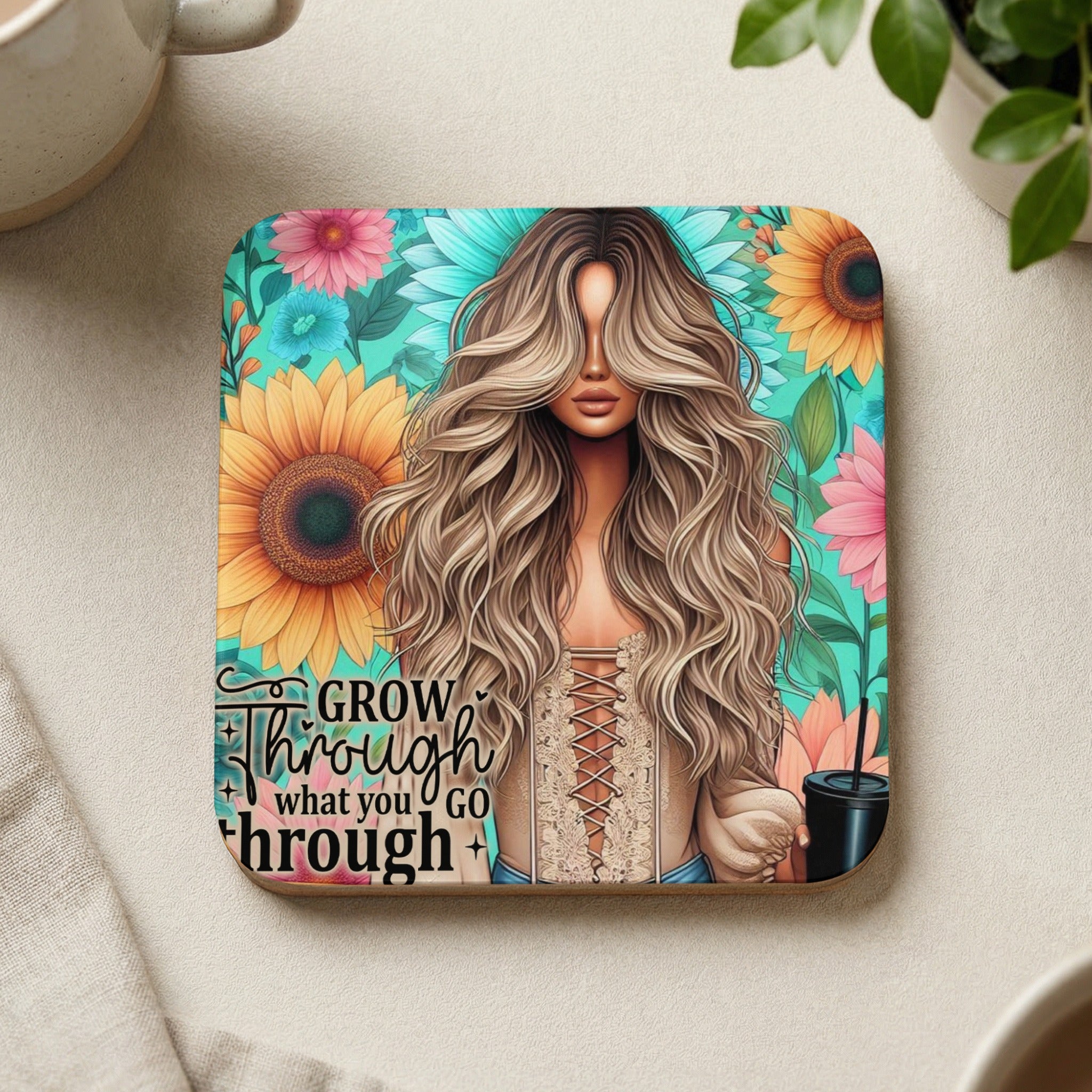 Woman with flowing hair and sunflowers, text: "Grow through what you go through".