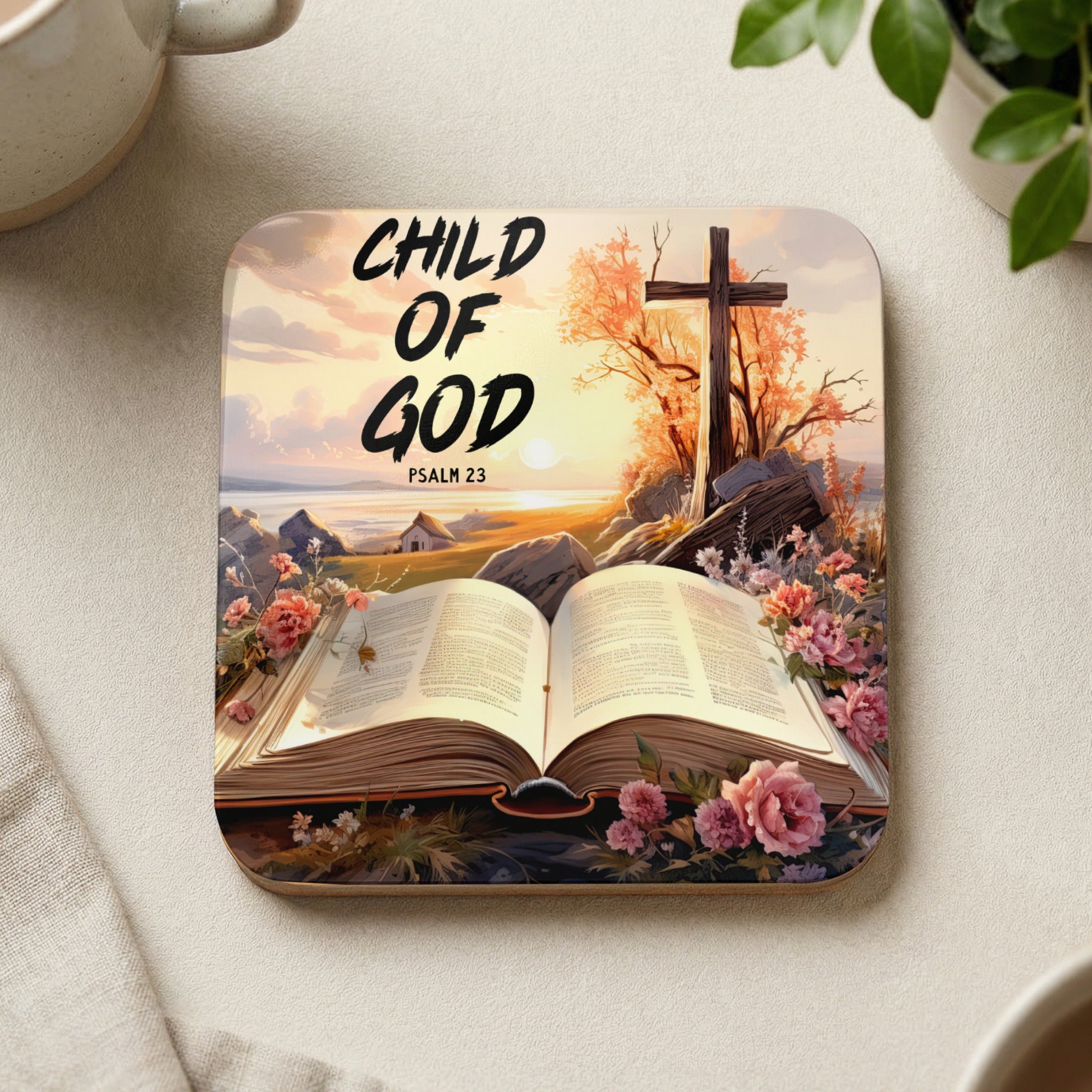 Open bible with cross and flowers, "Child of God" and "Psalm 23" text.