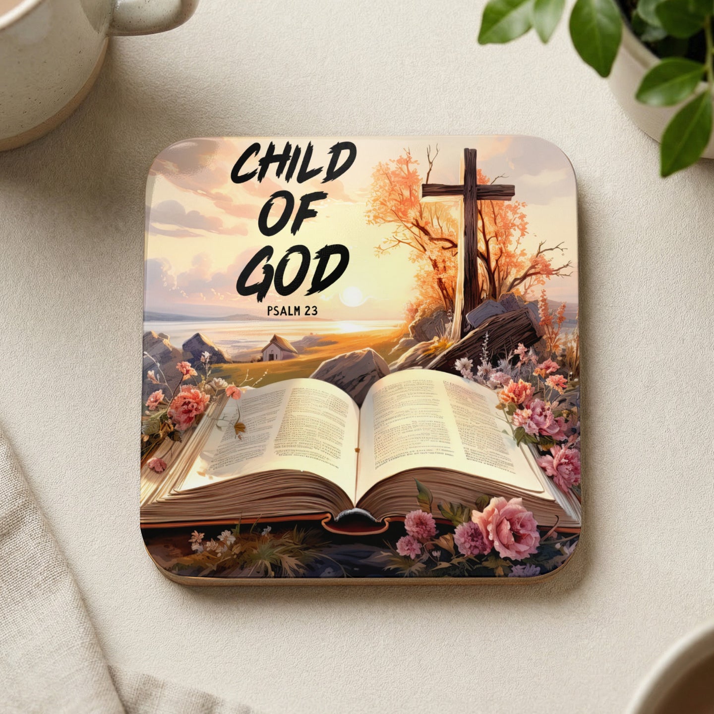 Open bible with cross and flowers, "Child of God" and "Psalm 23" text.