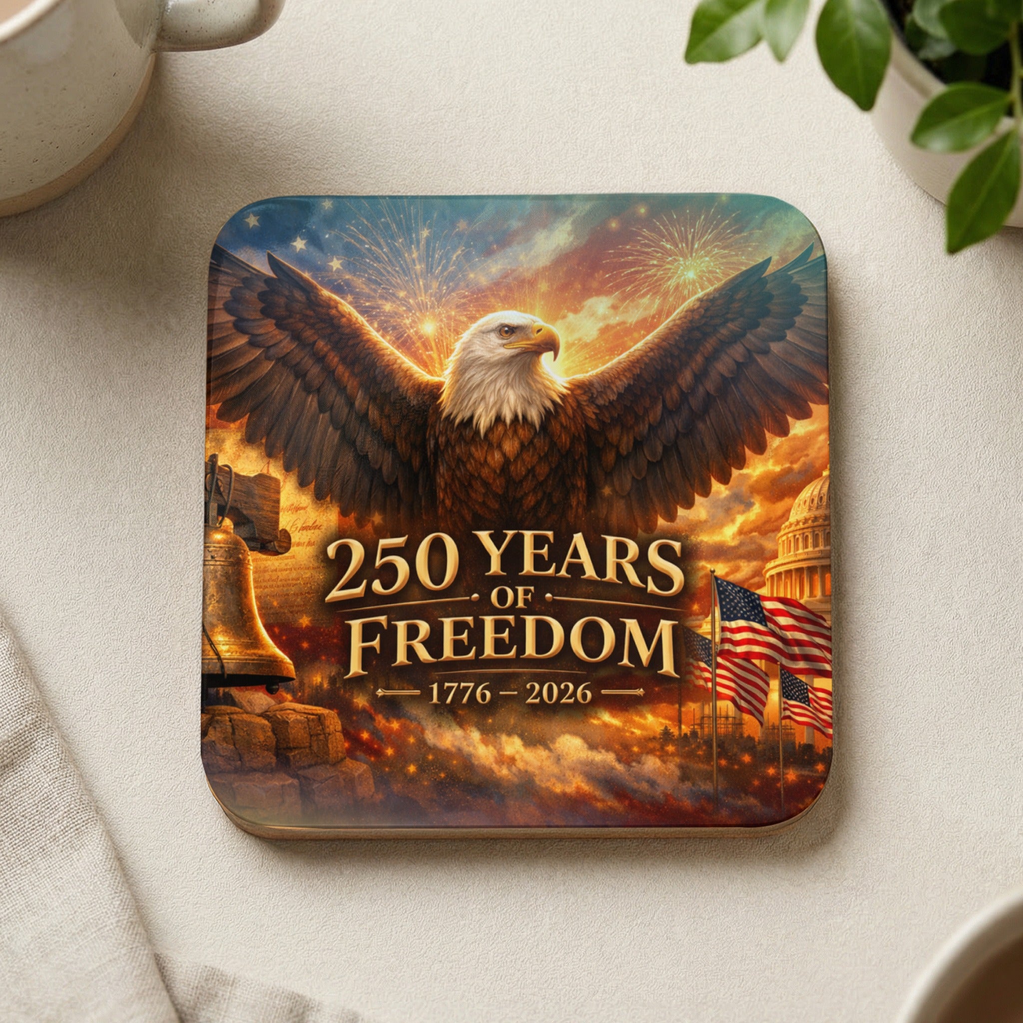 Eagle with outstretched wings, US Capitol, Liberty Bell, and flags, "250 Years of Freedom 1776-2026".