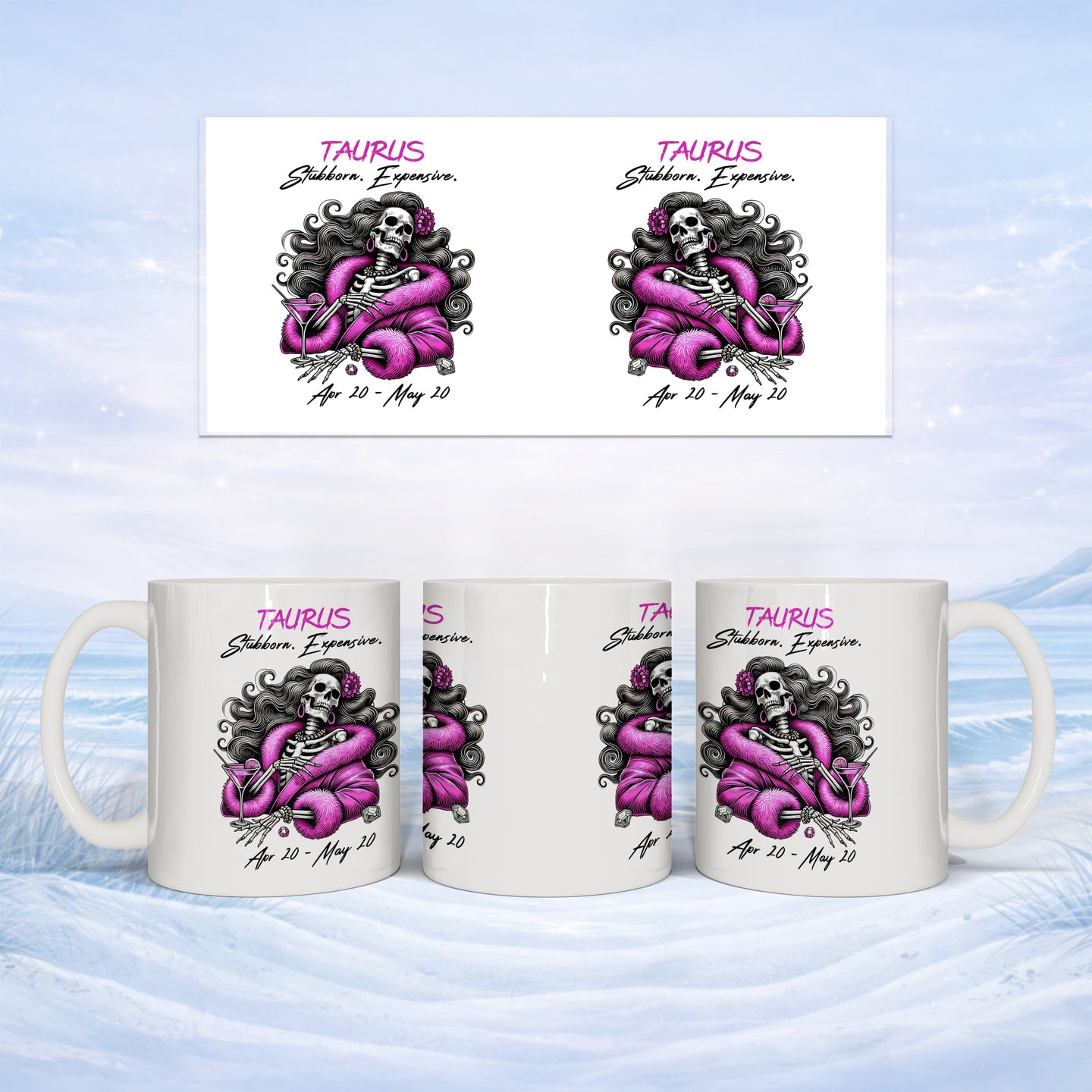 Taurus zodiac design with skull in pink fur, Stubborn. Expensive. Apr 20 - May 20.