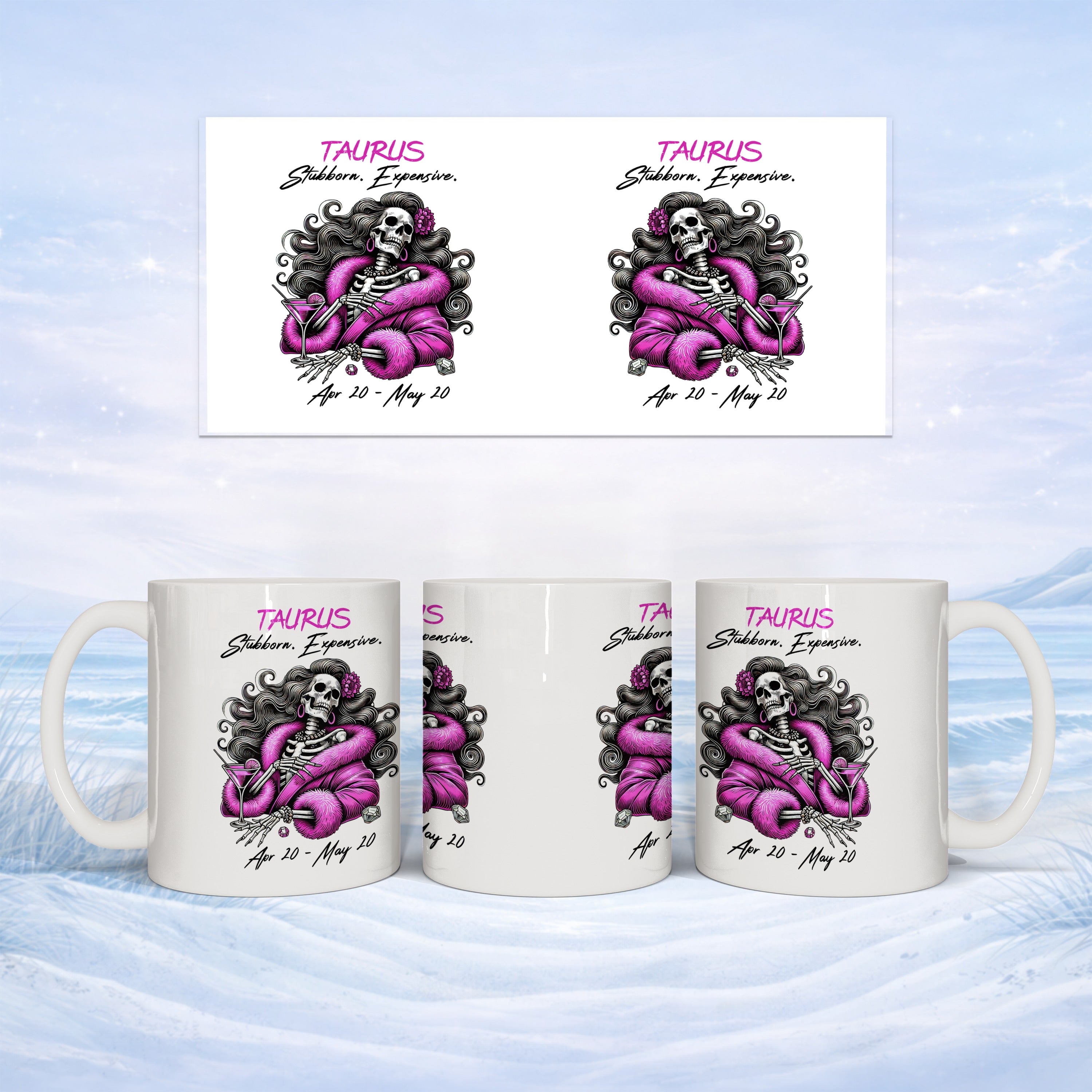 Taurus zodiac design with skull in pink fur, Stubborn. Expensive. Apr 20 - May 20.