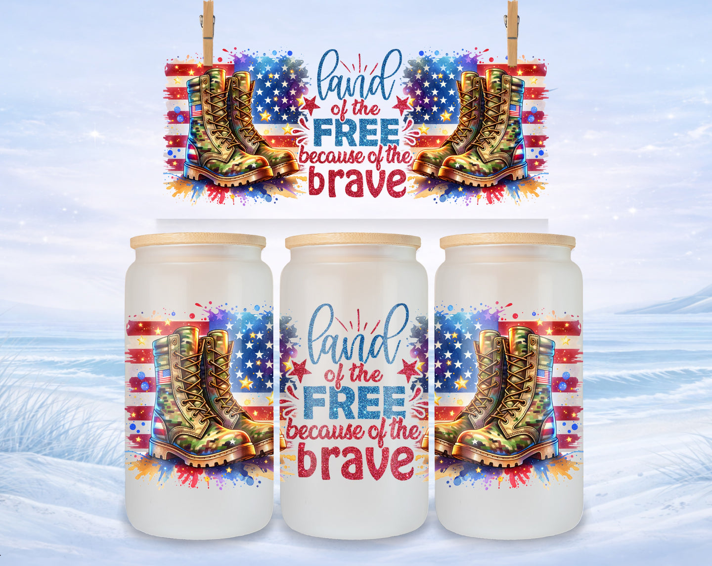 US flag patterned boots and "Land of the Free Because of the Brave" text.