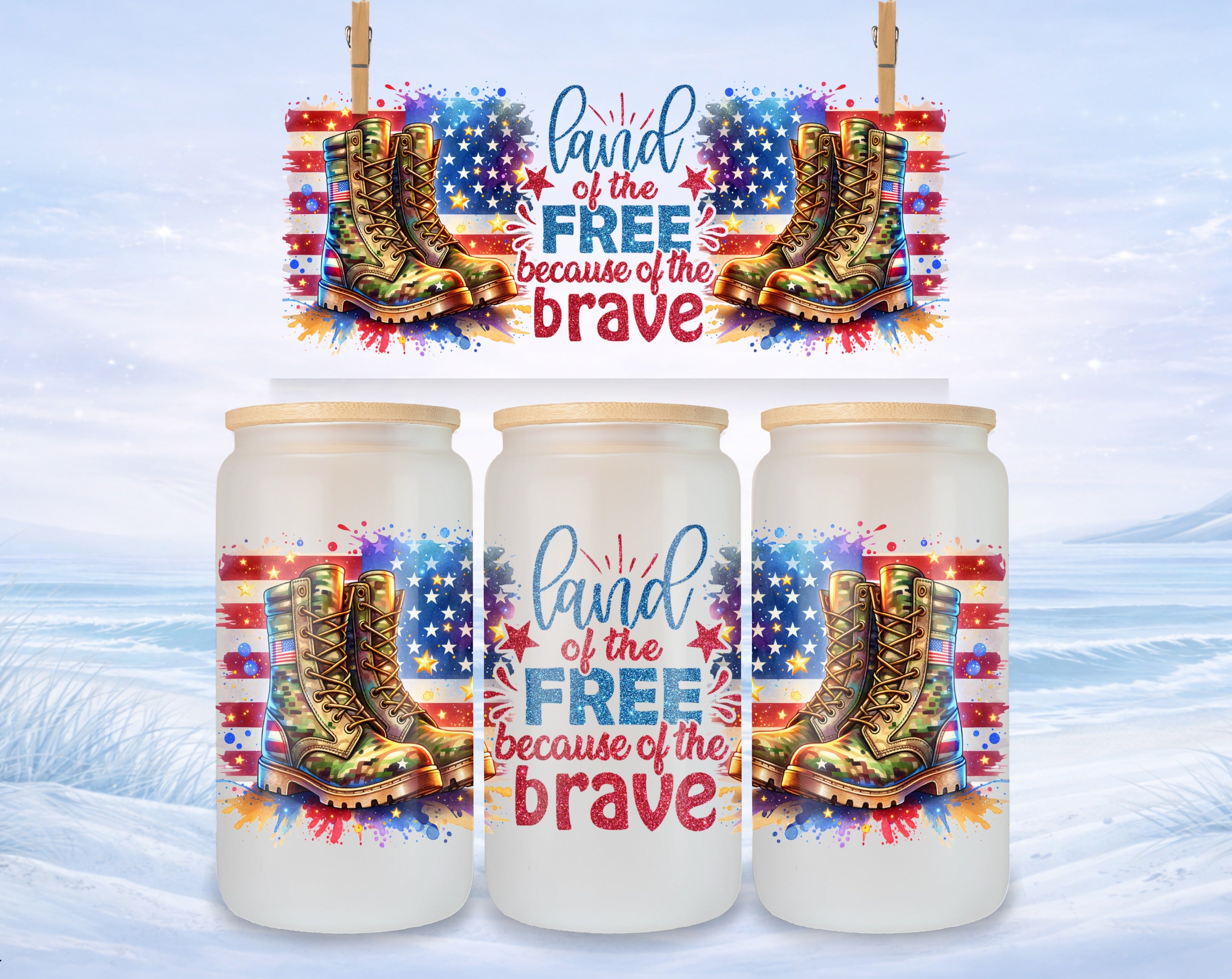 US flag patterned boots and "Land of the Free Because of the Brave" text.