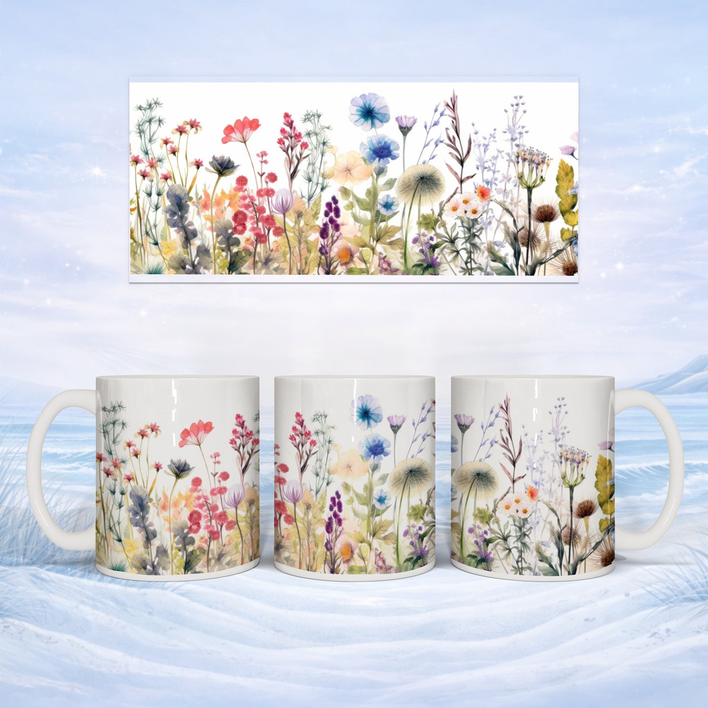 Mug with watercolor wildflowers and green leaves pattern.