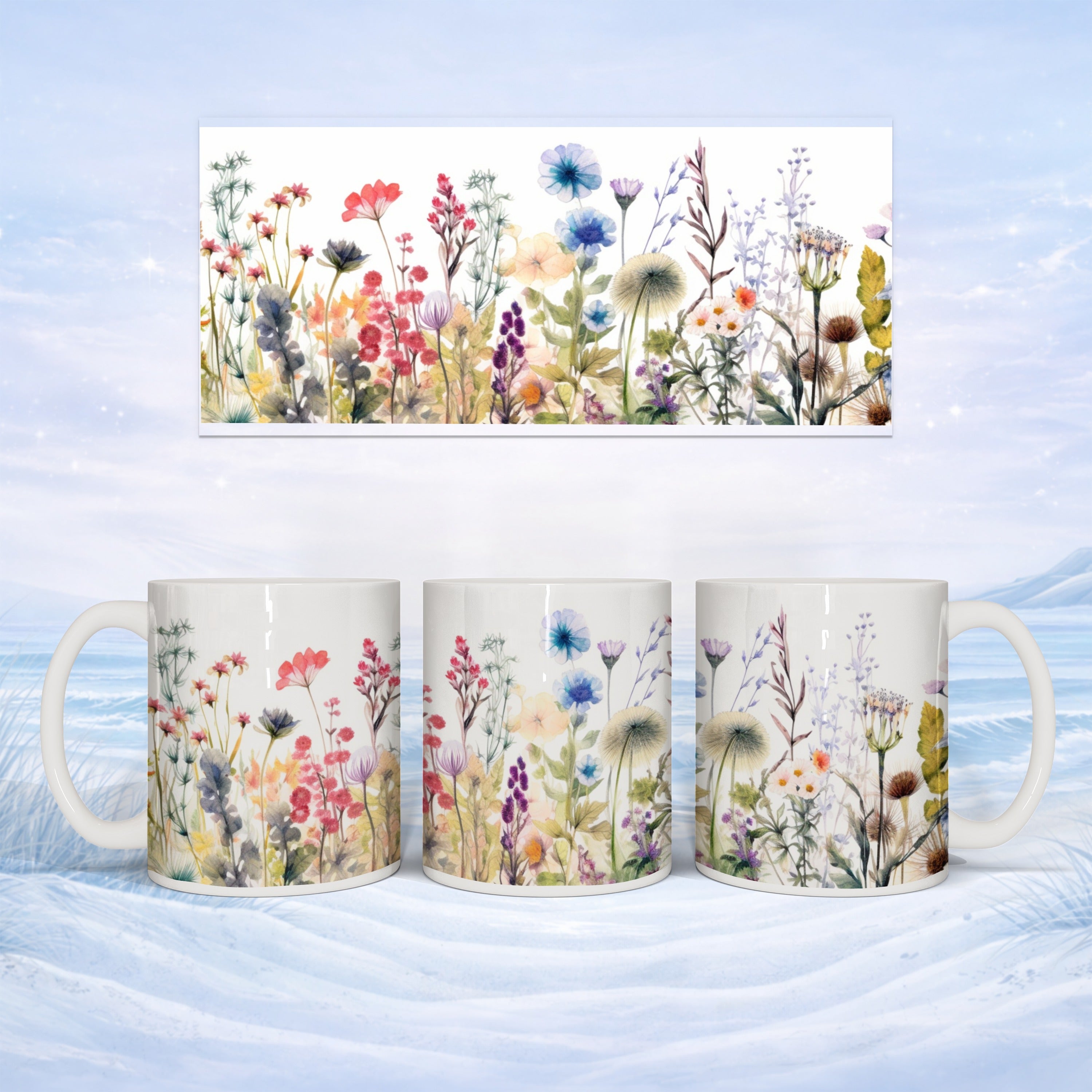 Mug with watercolor wildflowers and green leaves pattern.