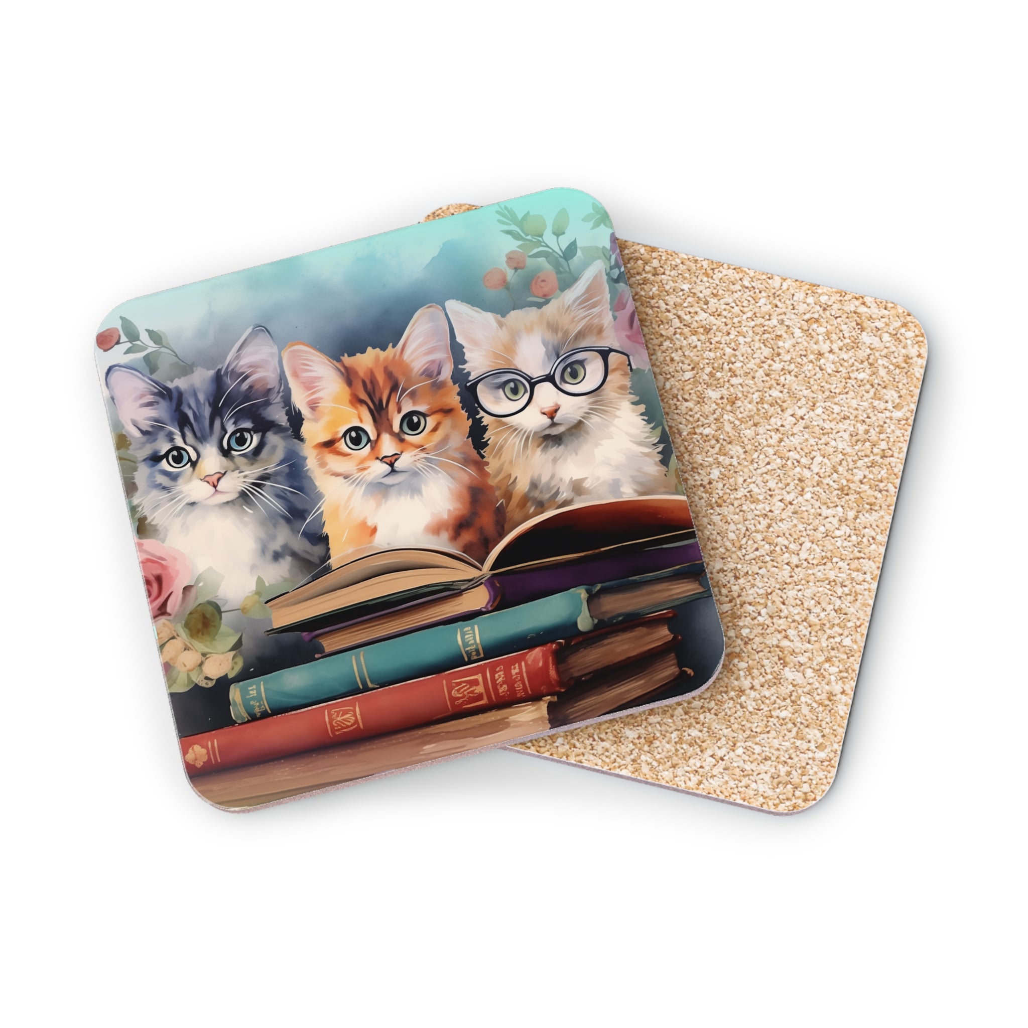 Three kittens wearing glasses read books surrounded by flowers and foliage.