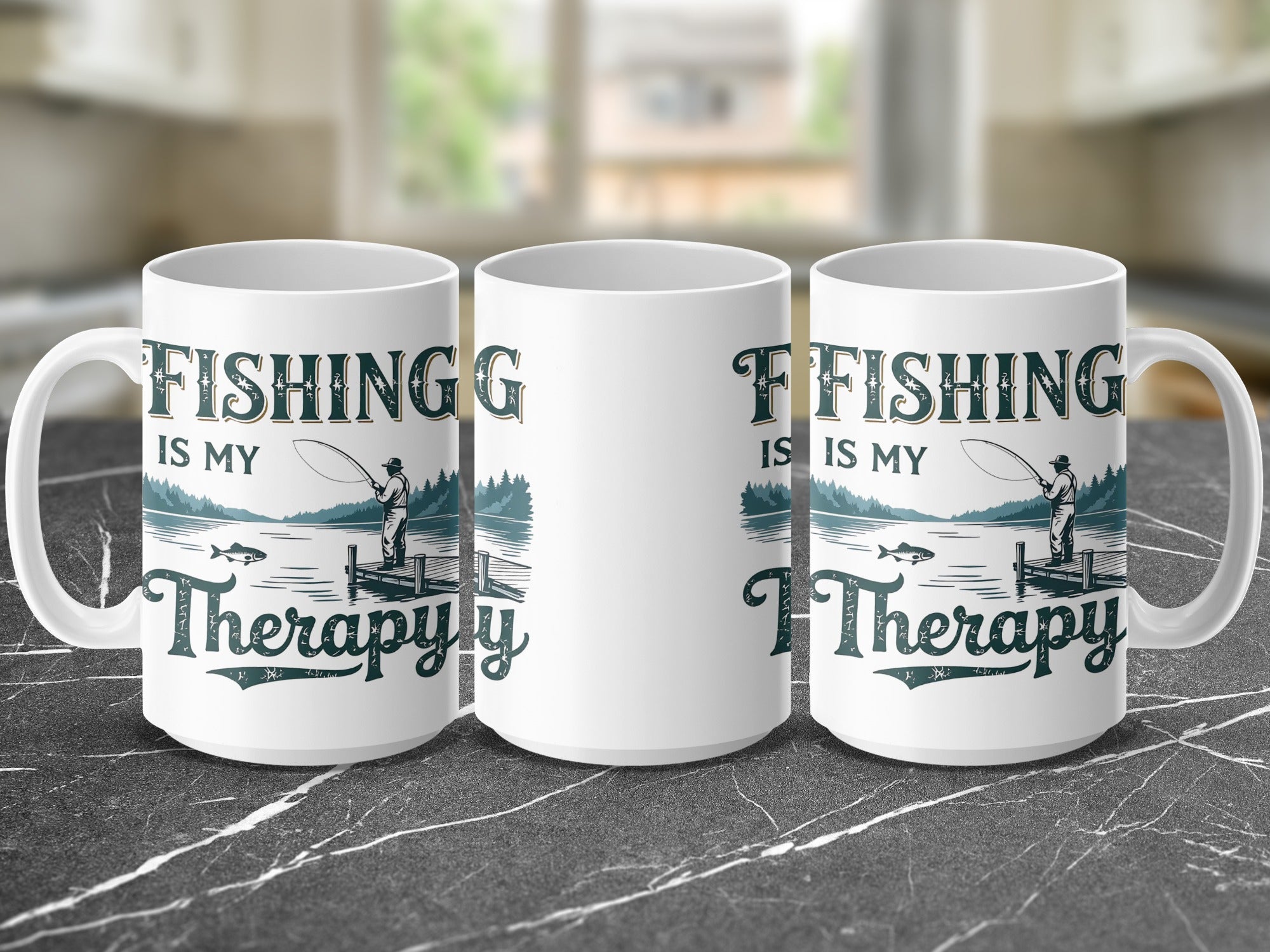 White mug with fishing graphic and text "FISHING IS MY THERAPY".