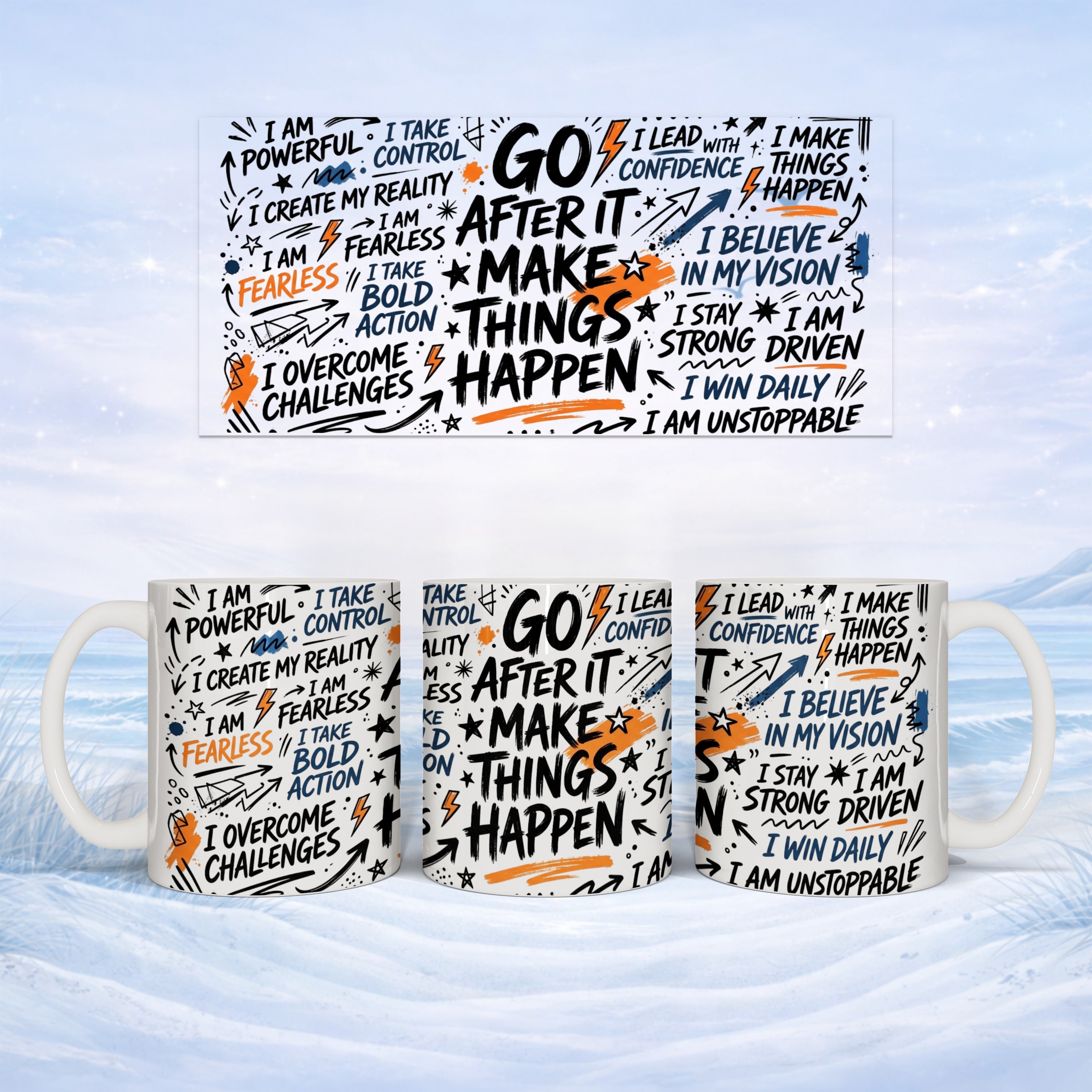 White mug with motivational phrases in black and orange text.