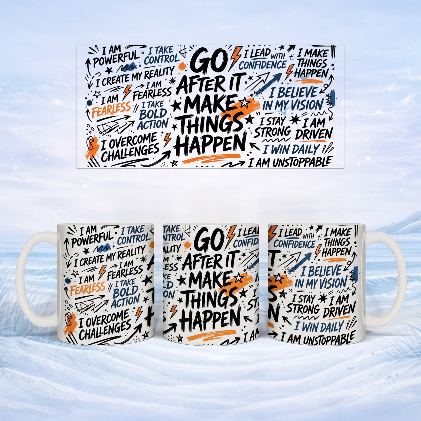 White mug with motivational phrases in black and orange text.