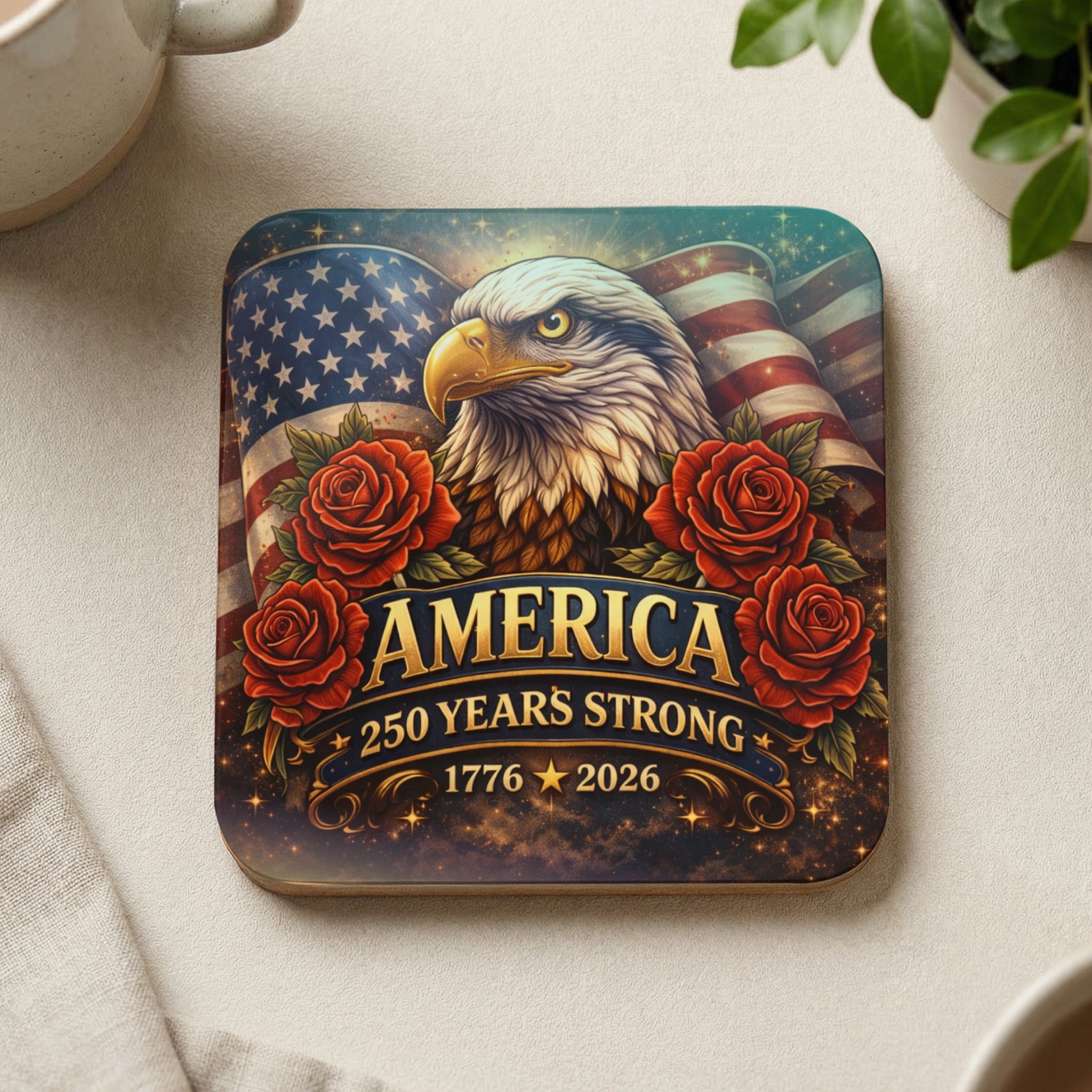 Eagle, American flag, and roses on coaster with "America 250 Years Strong" text.