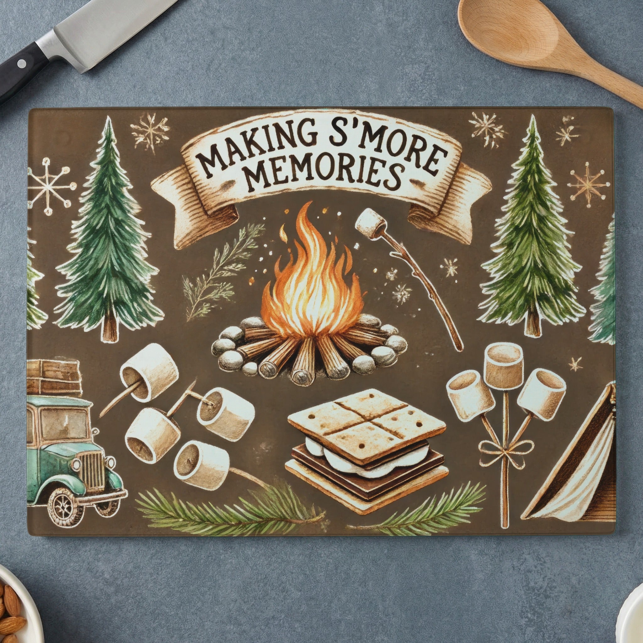 Making S'more Memories illustration with s'mores, campfire, trees, and vintage truck.