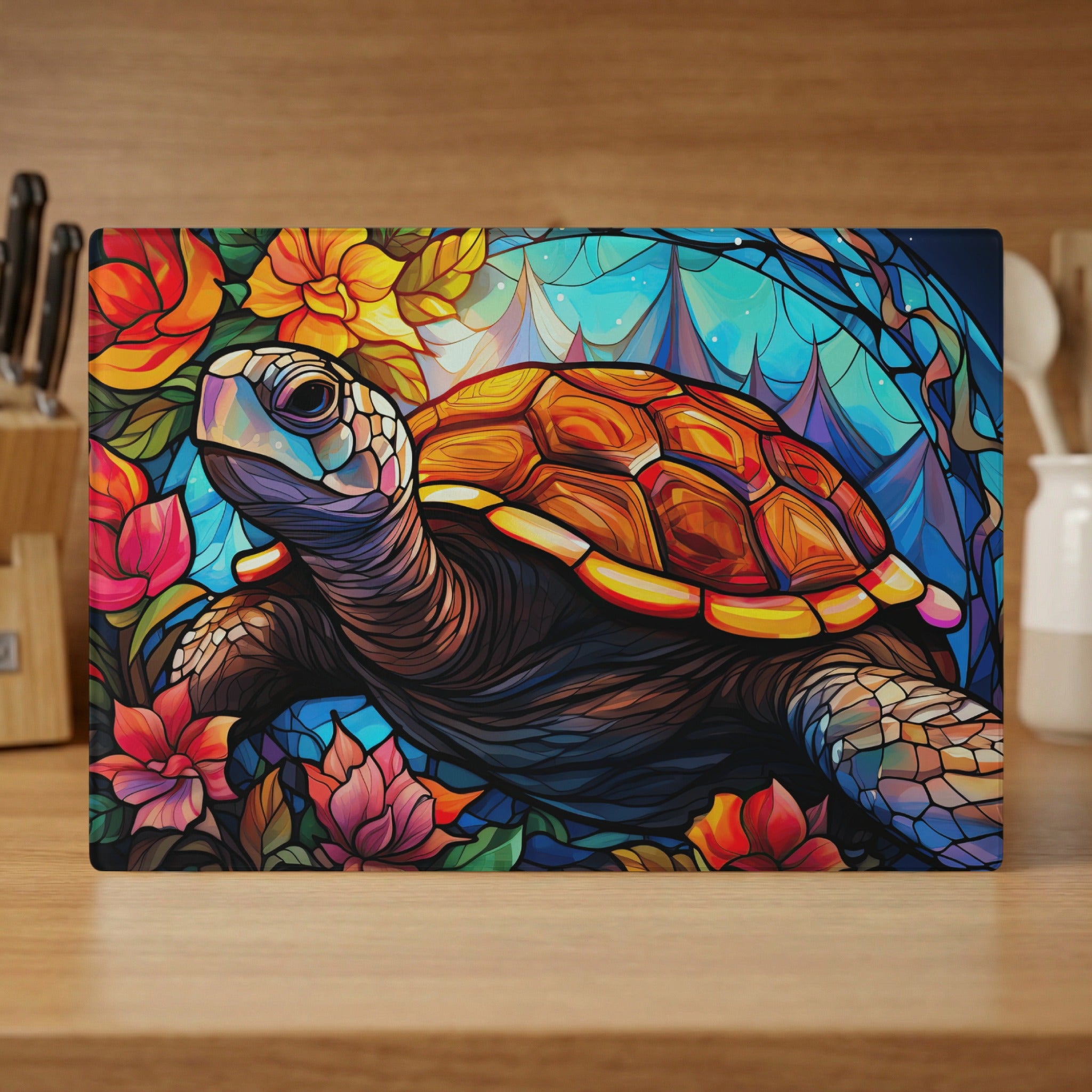 Colorful mosaic sea turtle surrounded by flowers against a stylized blue and orange background.