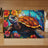 Colorful mosaic sea turtle surrounded by flowers against a stylized blue and orange background.