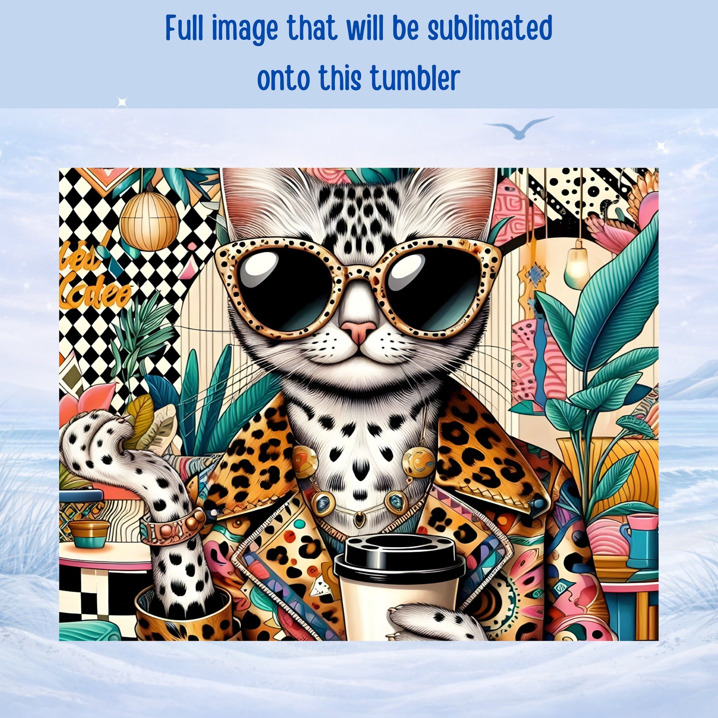 Leopard wearing sunglasses and a patterned jacket holds coffee.