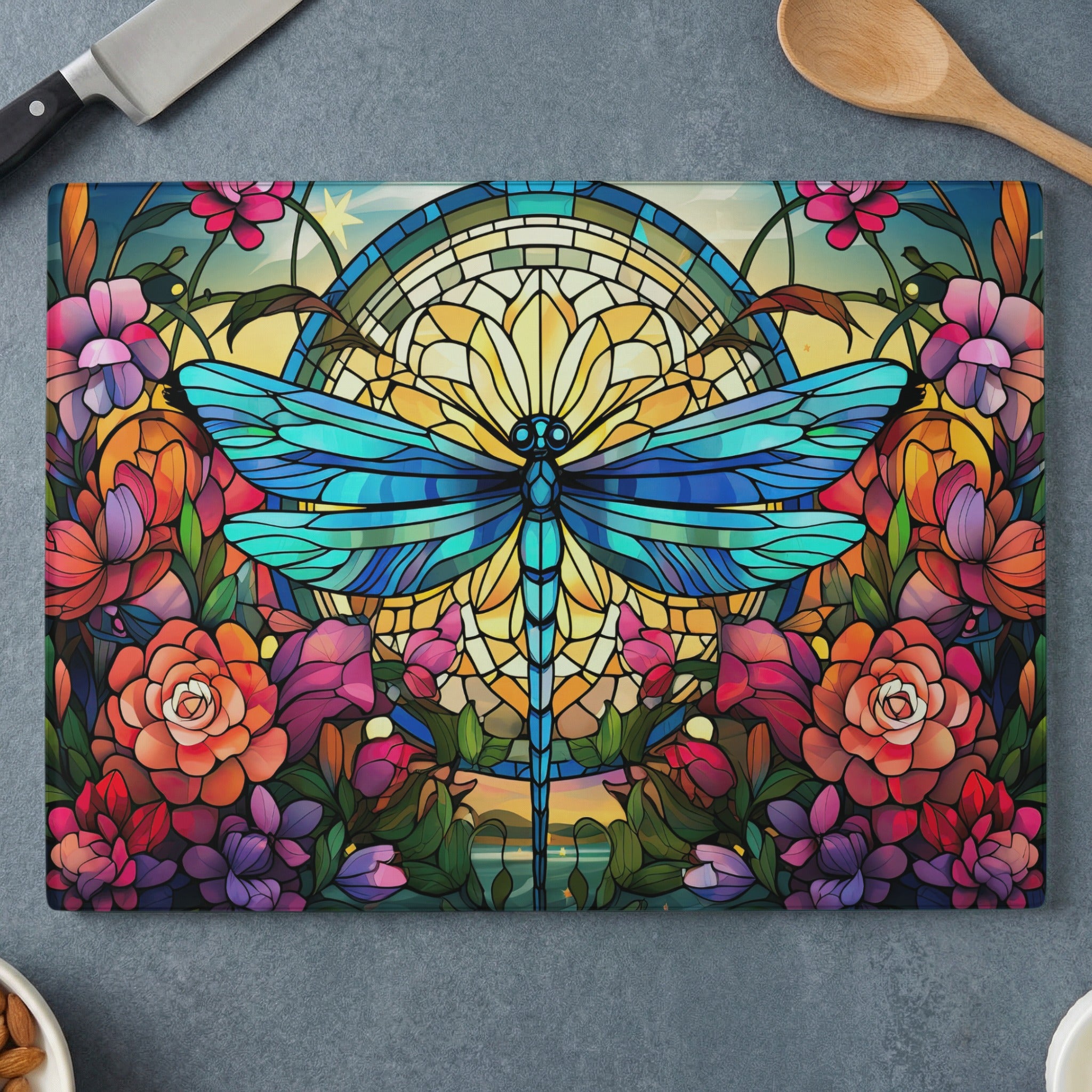 Dragonfly stained glass design on a cutting board with floral accents.