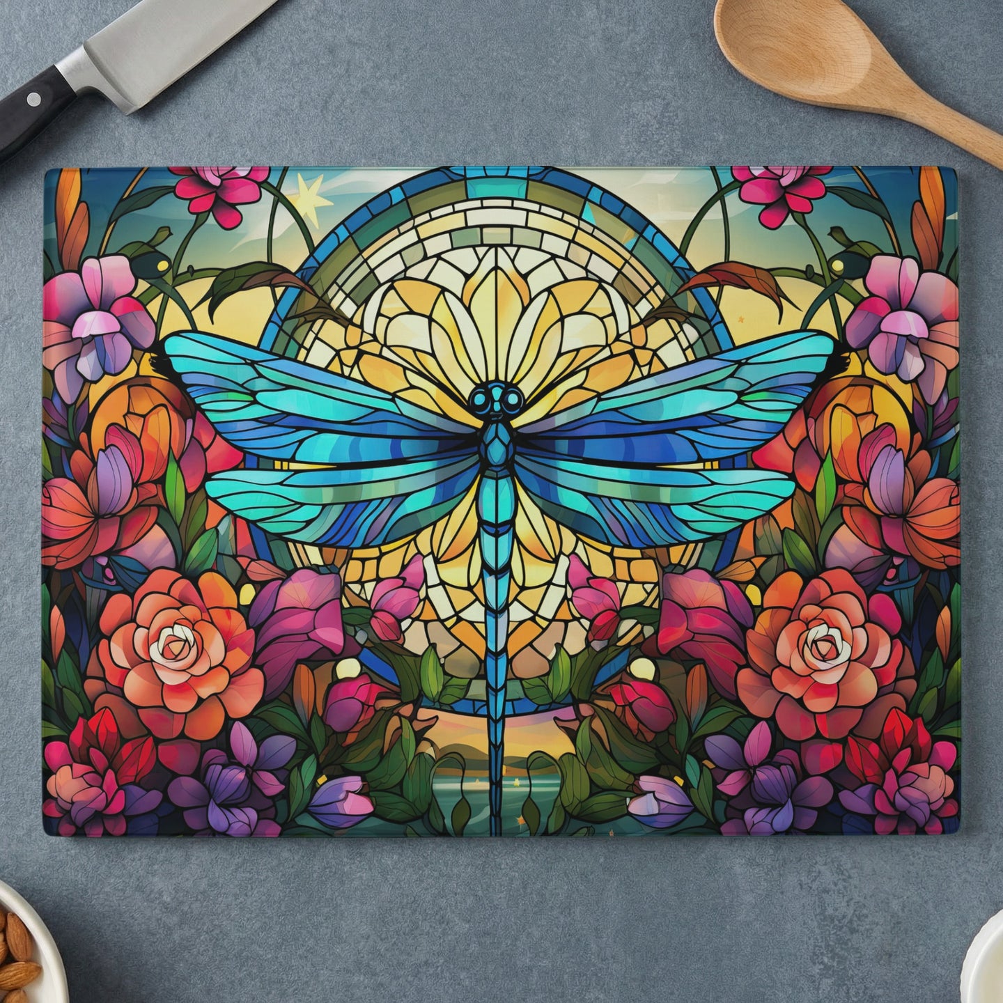 Dragonfly stained glass design on a cutting board with floral accents.