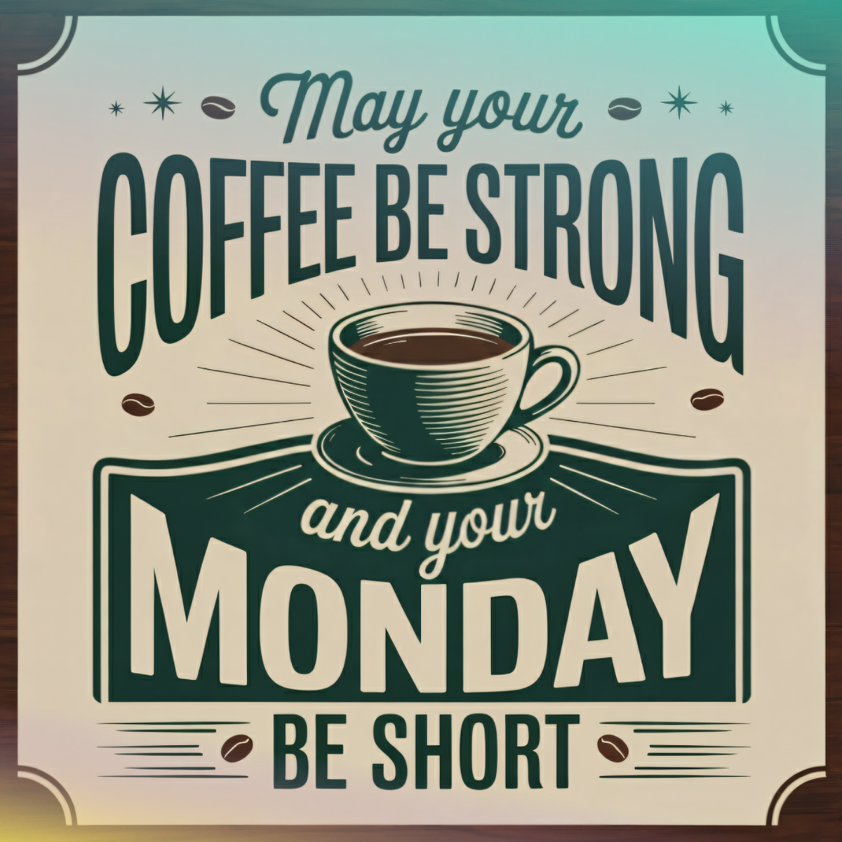 Coffee cup illustration with text "May your coffee be strong and your Monday be short."