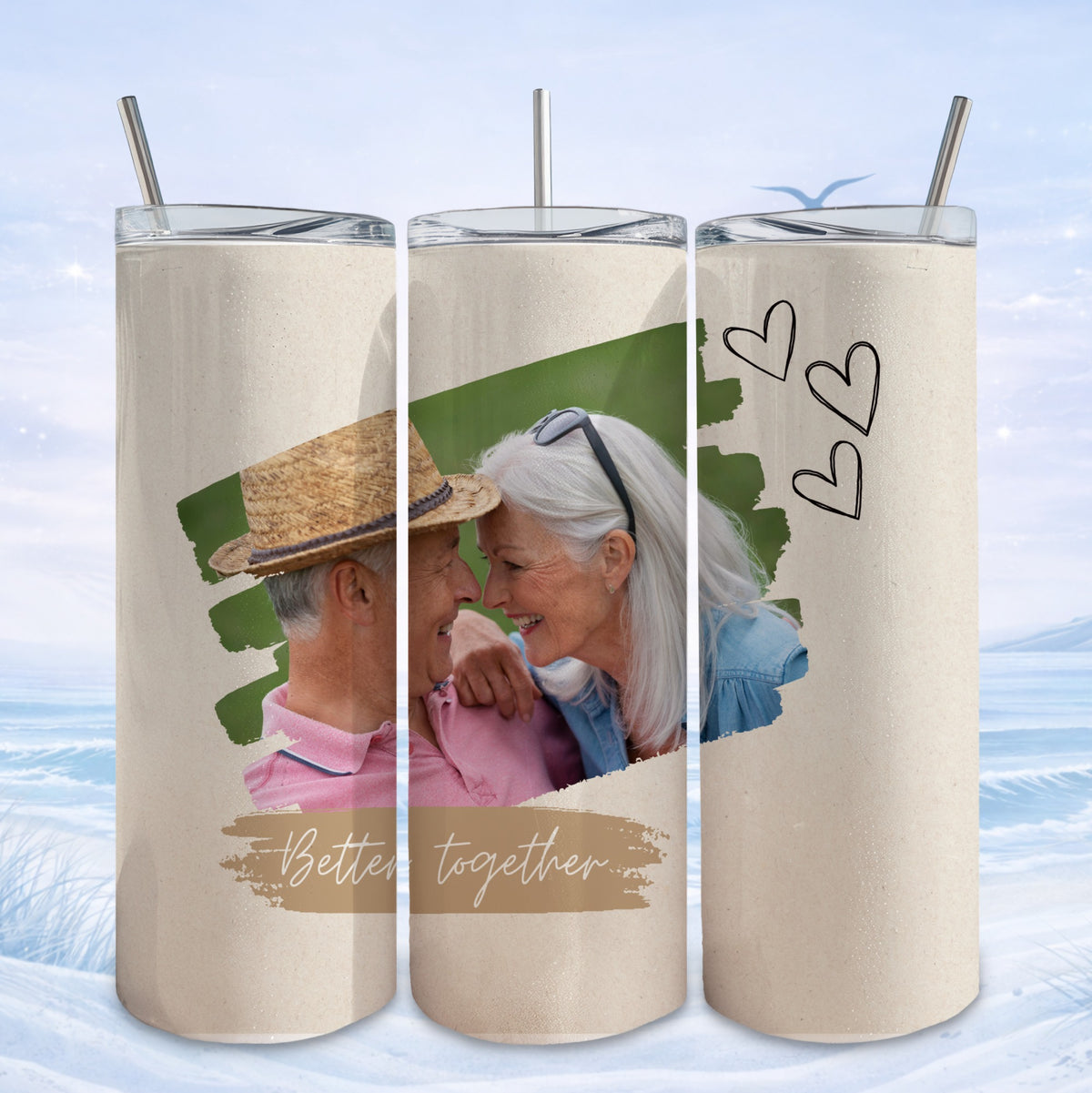 Couple embracing on a beach, "Better together" text, hearts.