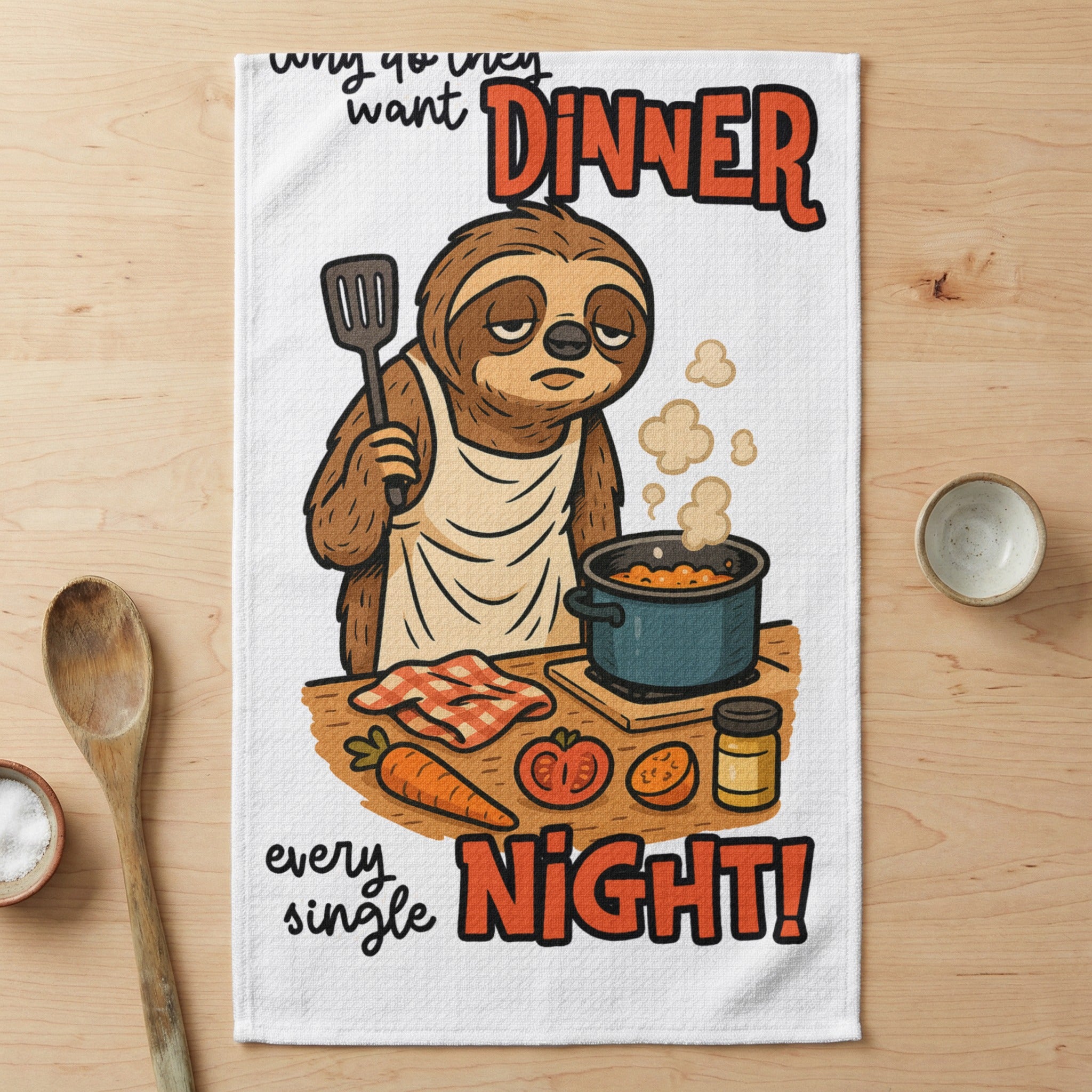 Sloth in apron holding spatula, cooking pot with steam, vegetables, and jar.