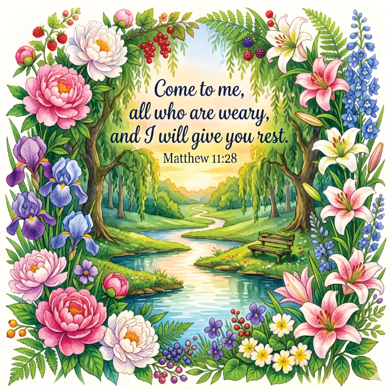 Floral border framing a serene landscape with text "Come to me, all who are weary, and I will give you rest. Matthew 11:28."