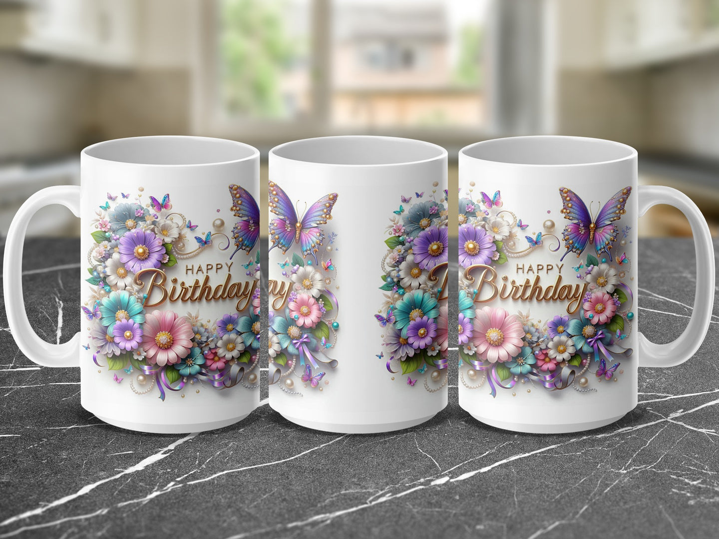 White mug with "Happy Birthday" text and floral butterfly design.