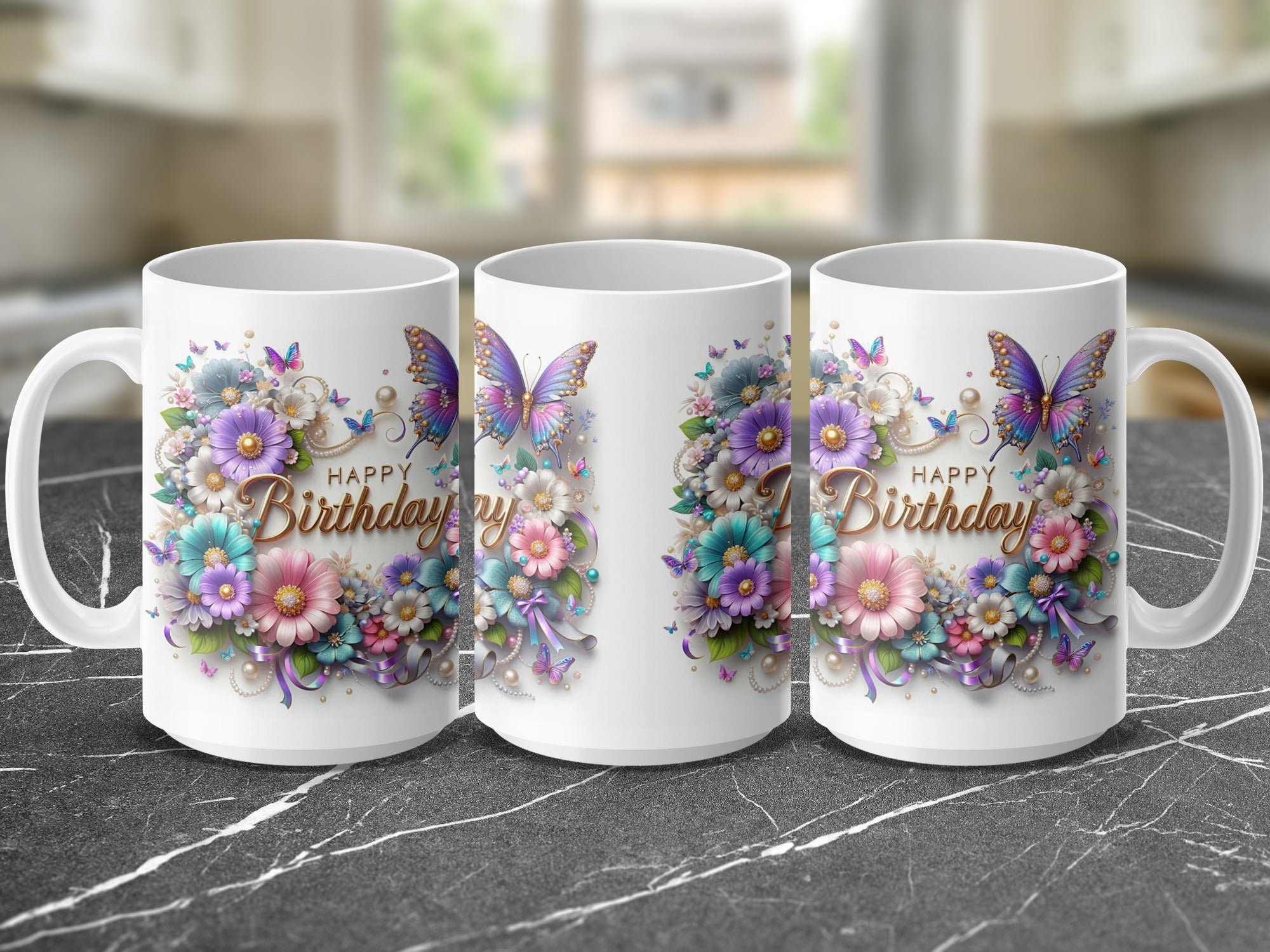 White mug with "Happy Birthday" text and floral butterfly design.