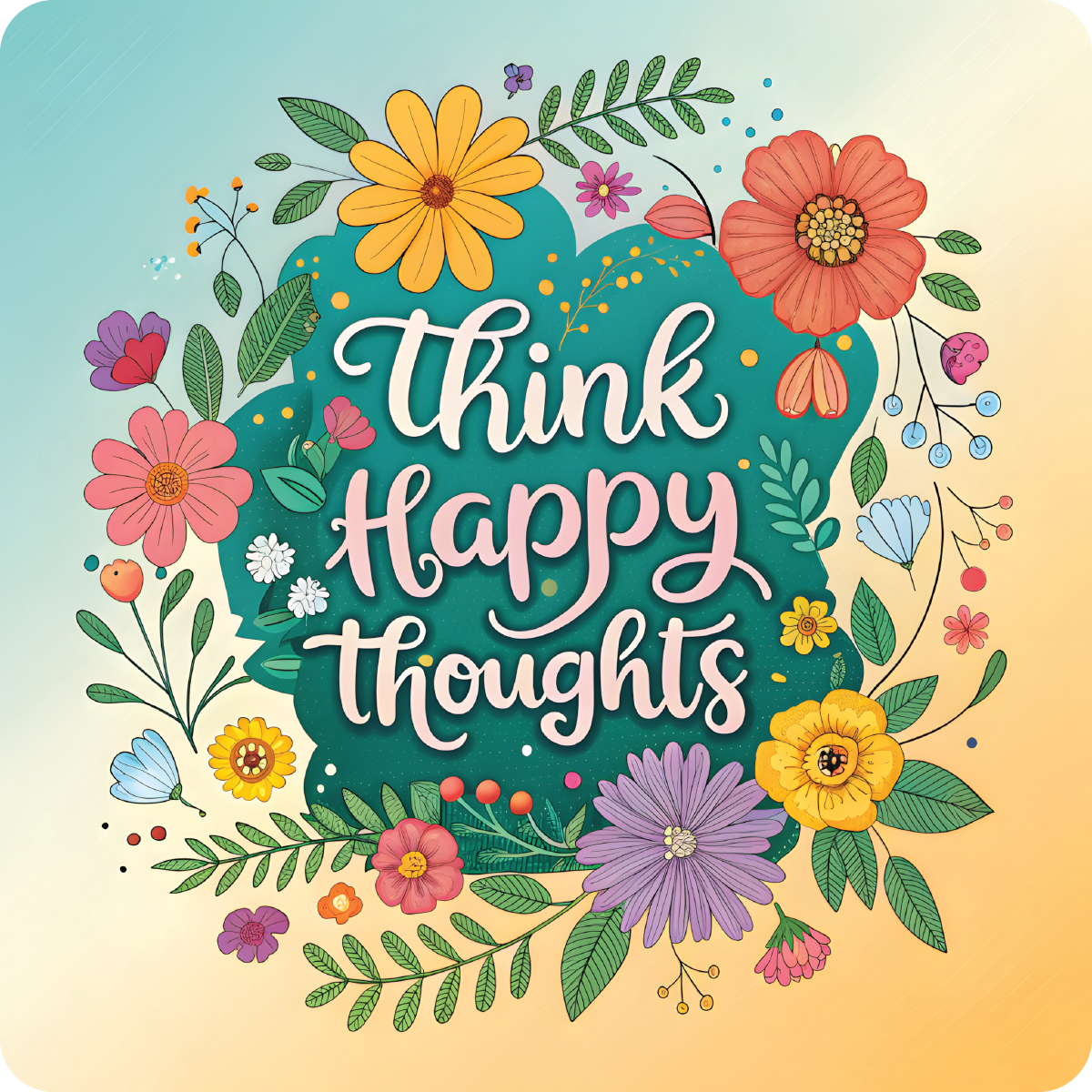 "Think Happy Thoughts" text surrounded by colorful floral illustrations on a gradient background.