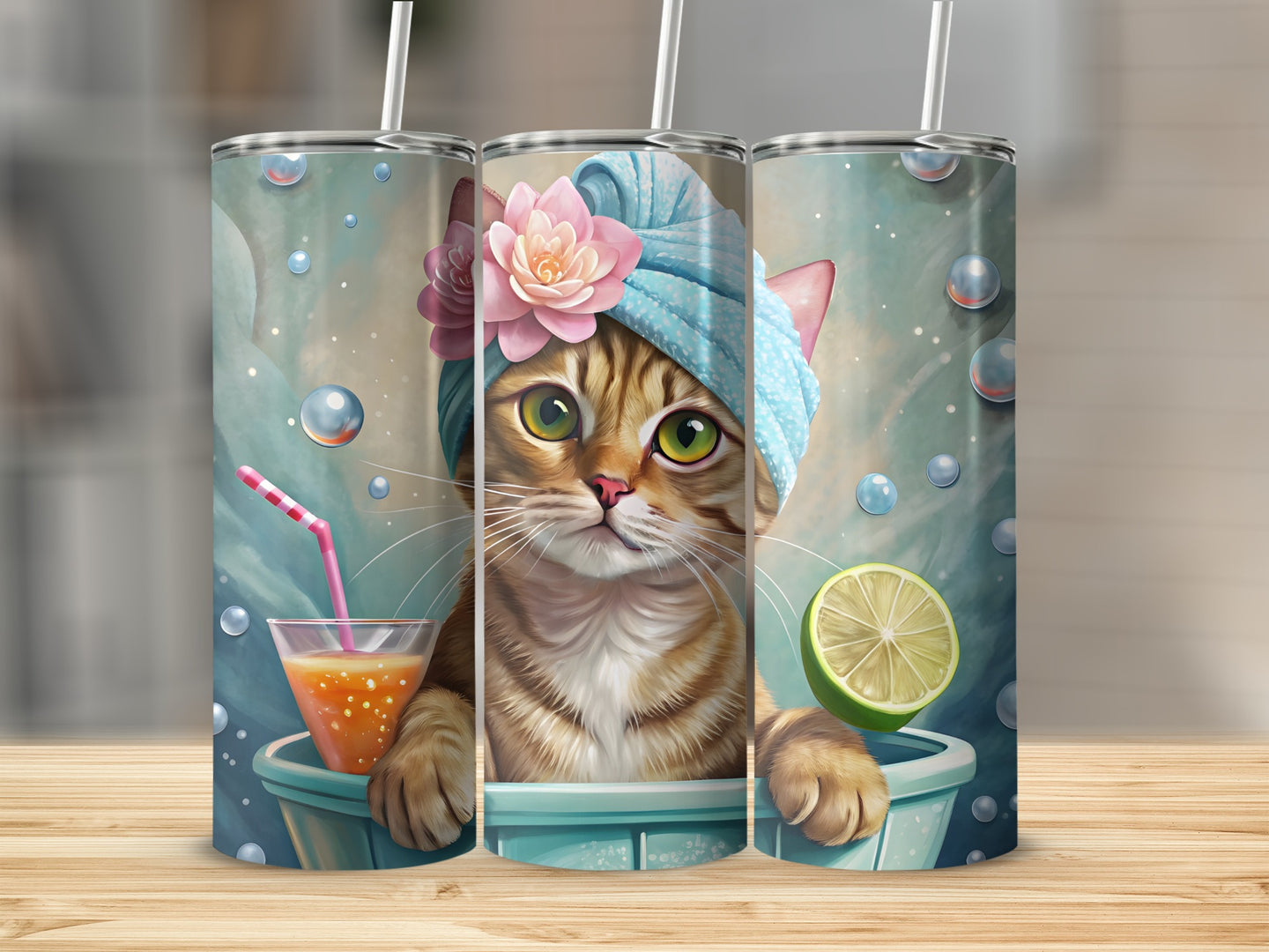 Tabby cat wearing spa headband and towel, holding drink with lime.
