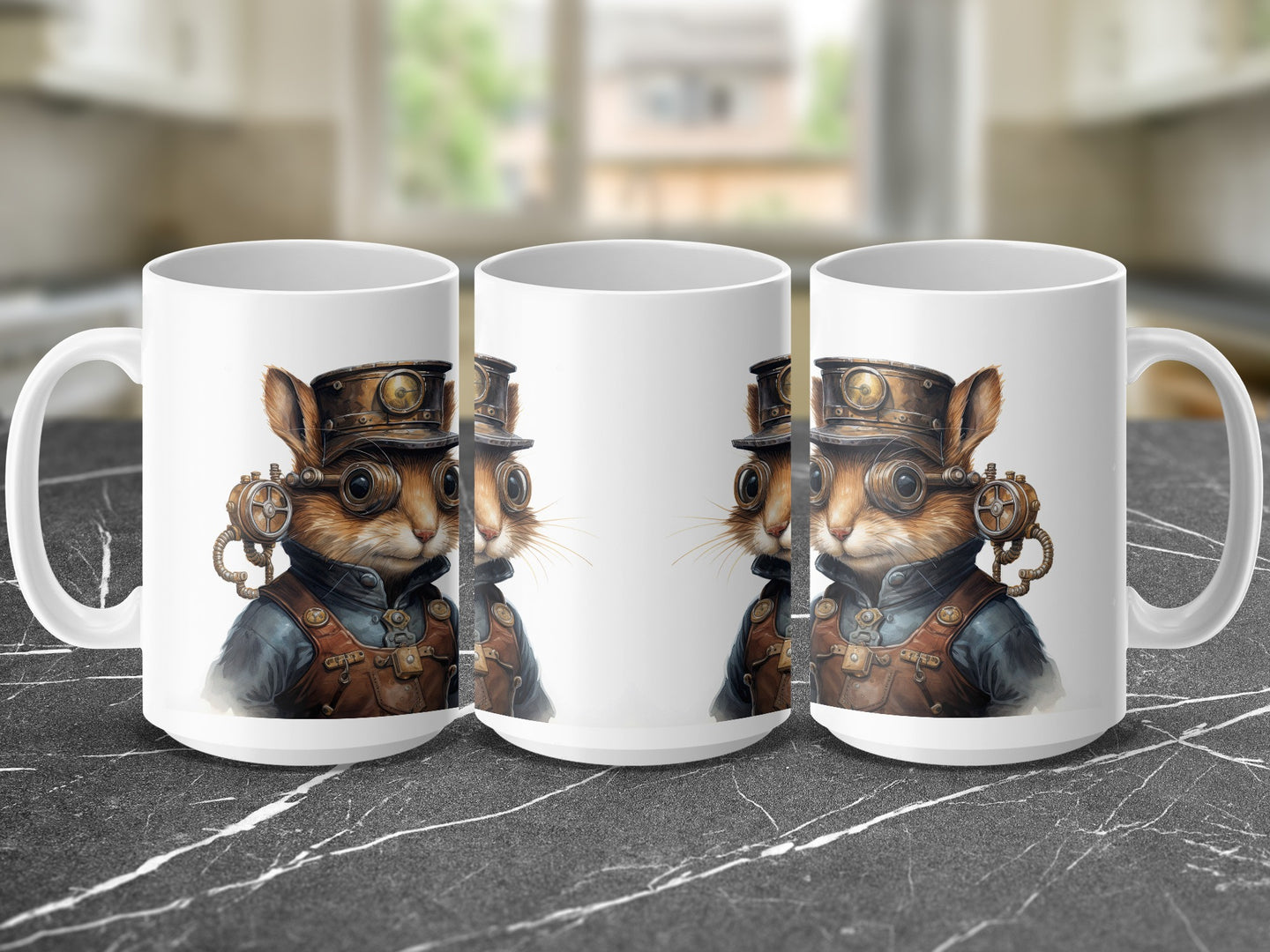 Three mugs featuring a steampunk squirrel wearing goggles and leather.