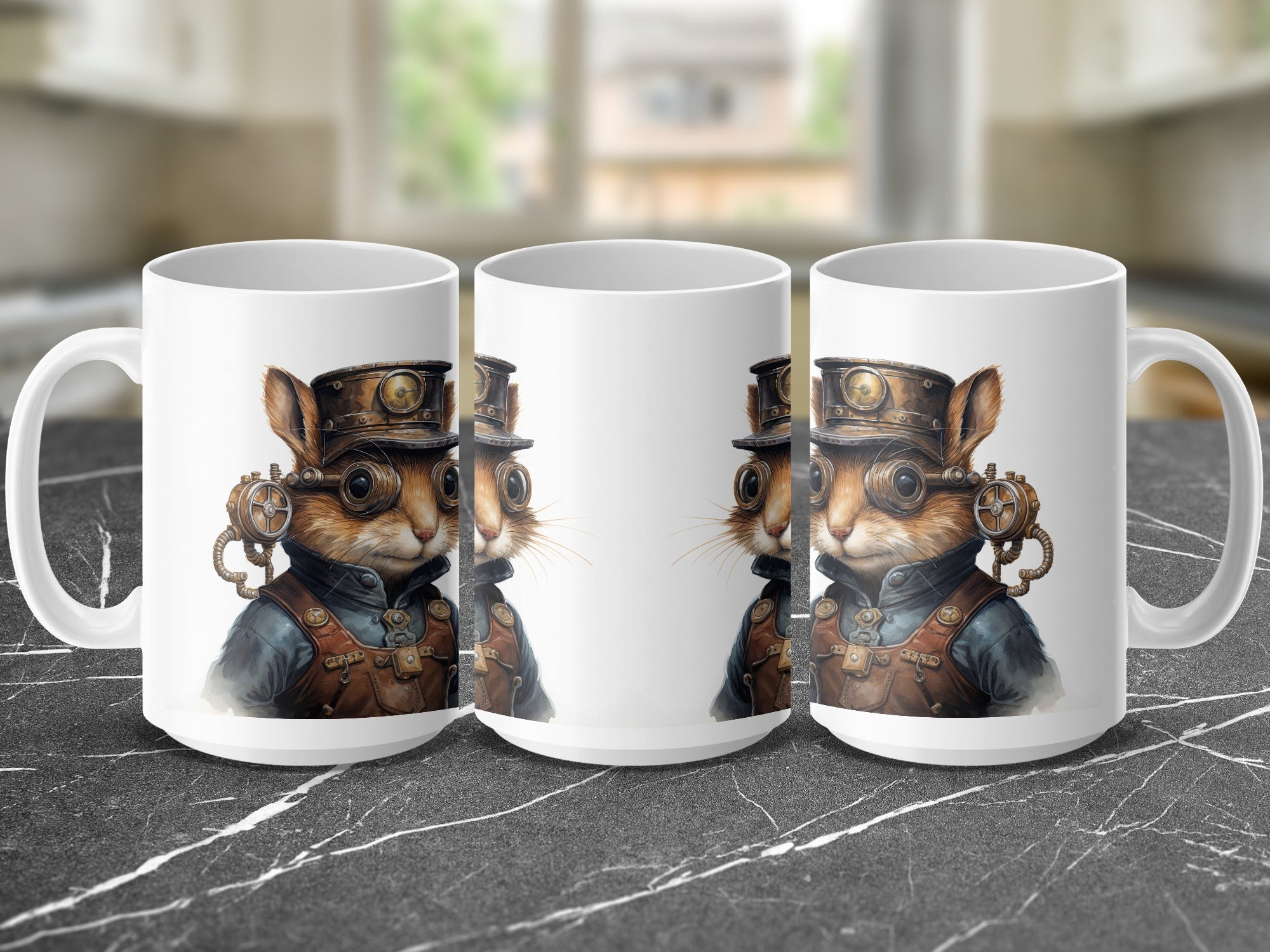 Three mugs featuring a steampunk squirrel wearing goggles and leather.