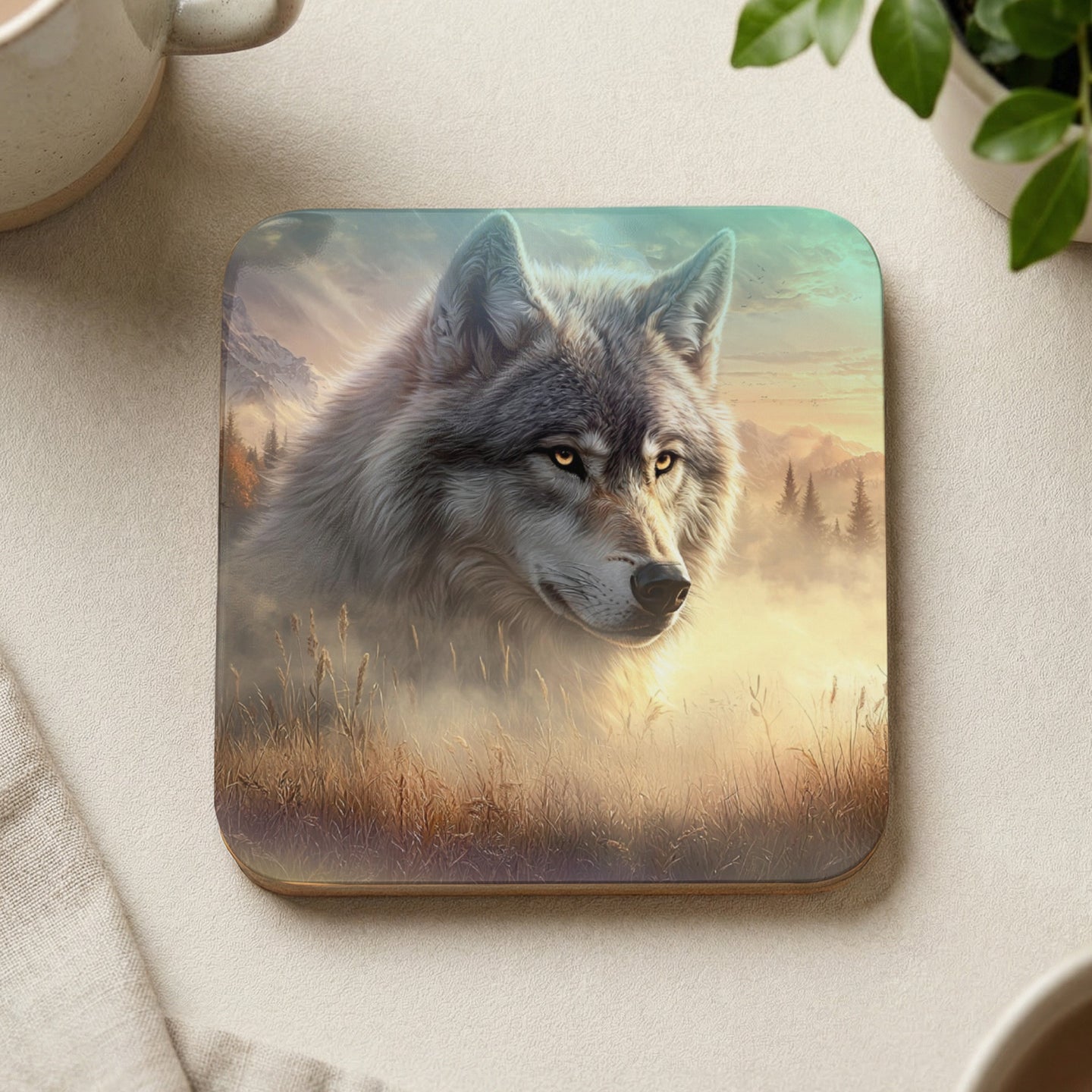 Wolf portrait on a square coaster with misty mountain background.
