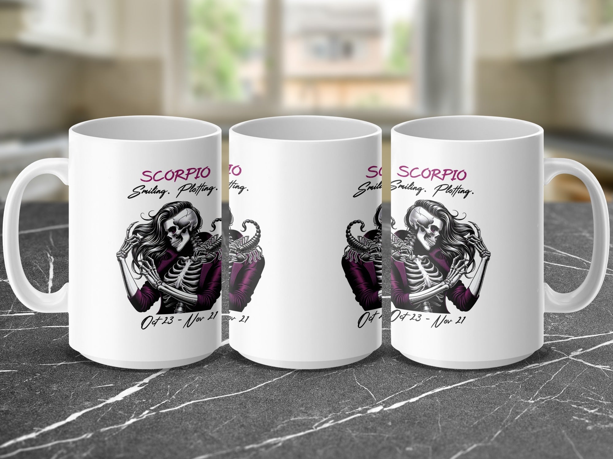 White mug with Scorpio zodiac symbol, skull, and text "Smiling. Plotting. Etting."