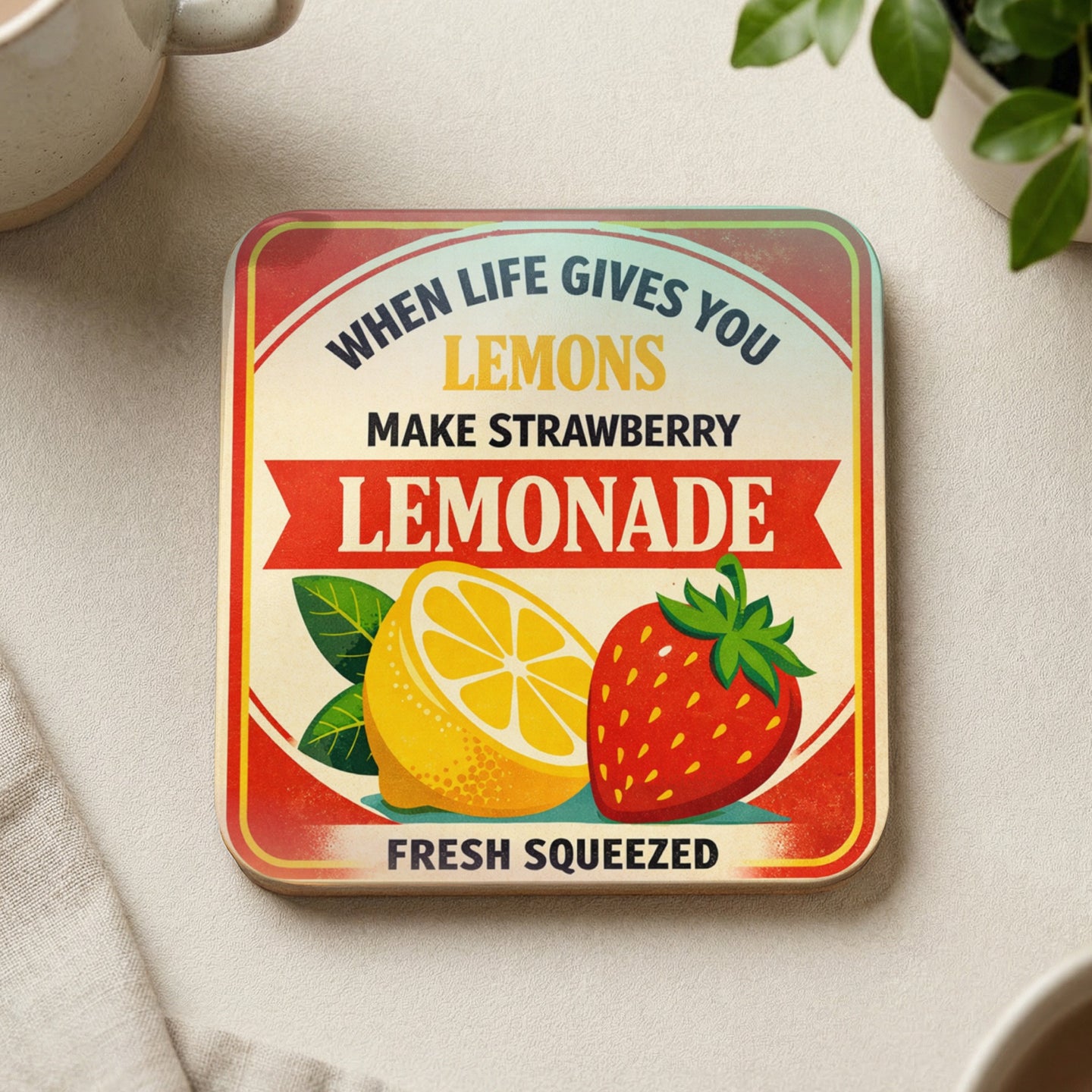 Lemonade coaster with strawberry and lemon illustration and text.