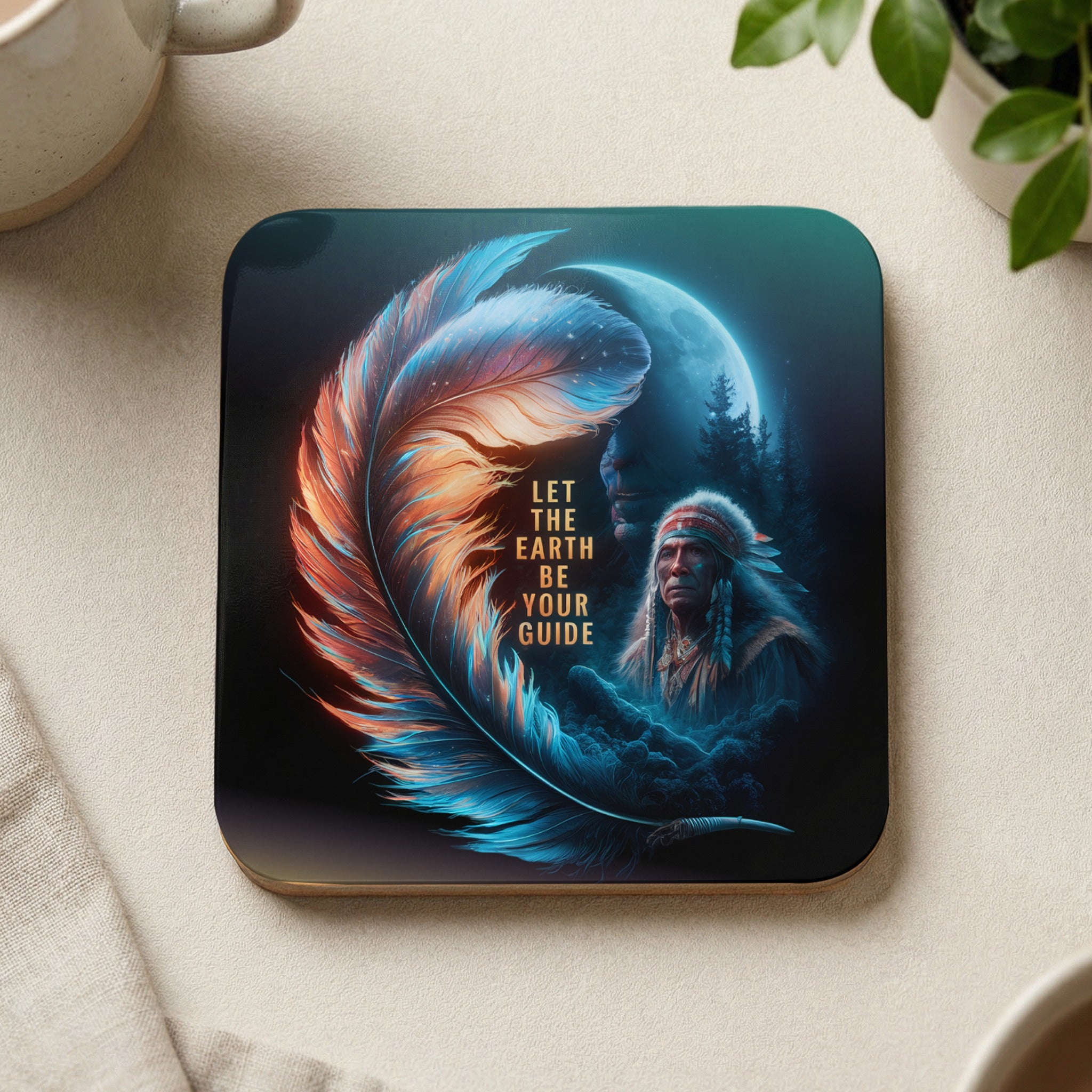 Coaster with feather, man in headdress, and moon. Text "Let the Earth be your guide."
