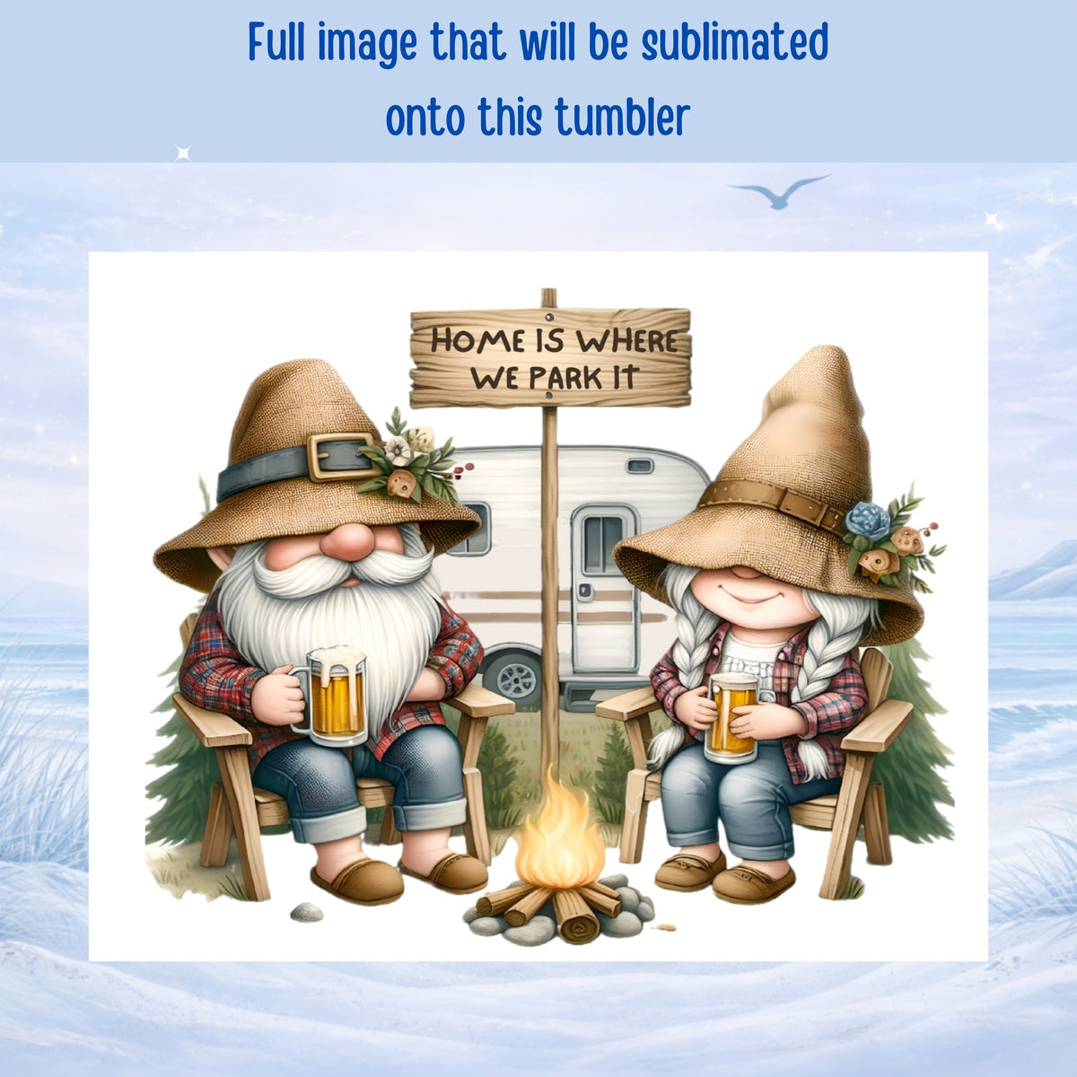 Gnomes in hats with beers sit by a campfire near a camper.