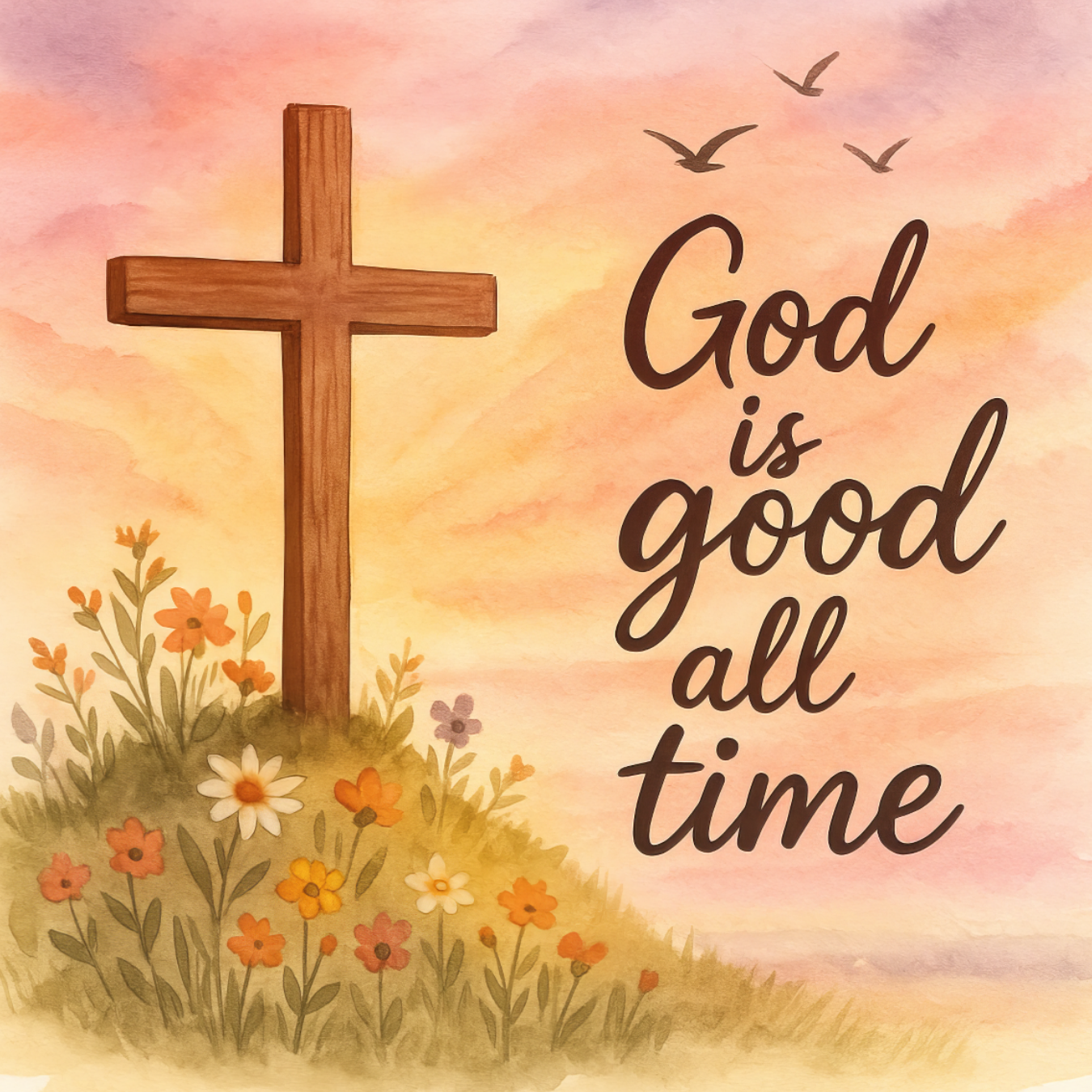Wooden cross on hill with flowers and "God is good all time" text.