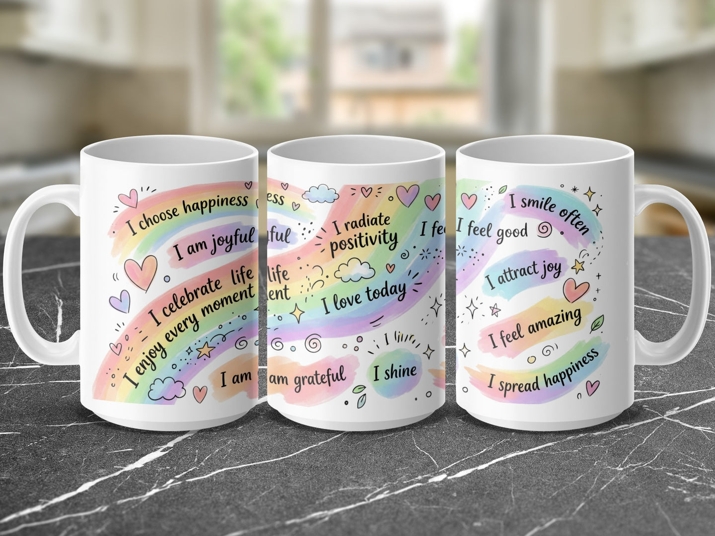 Mug with rainbow hearts and positive affirmations in colorful text.