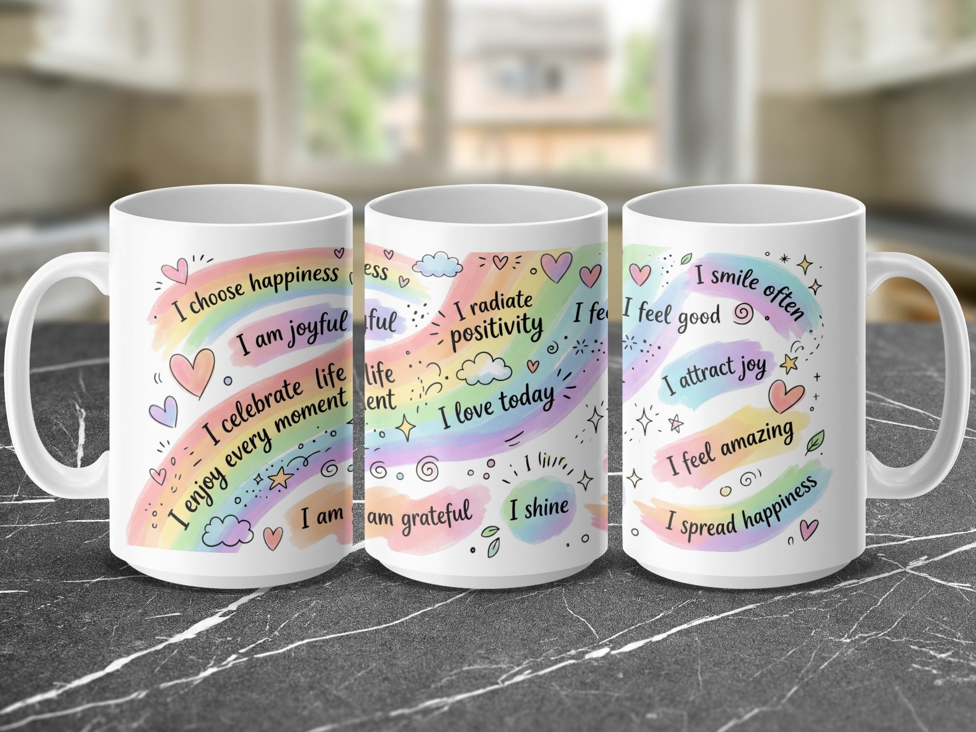 Mug with rainbow hearts and positive affirmations in colorful text.