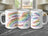 Mug with rainbow hearts and positive affirmations in colorful text.