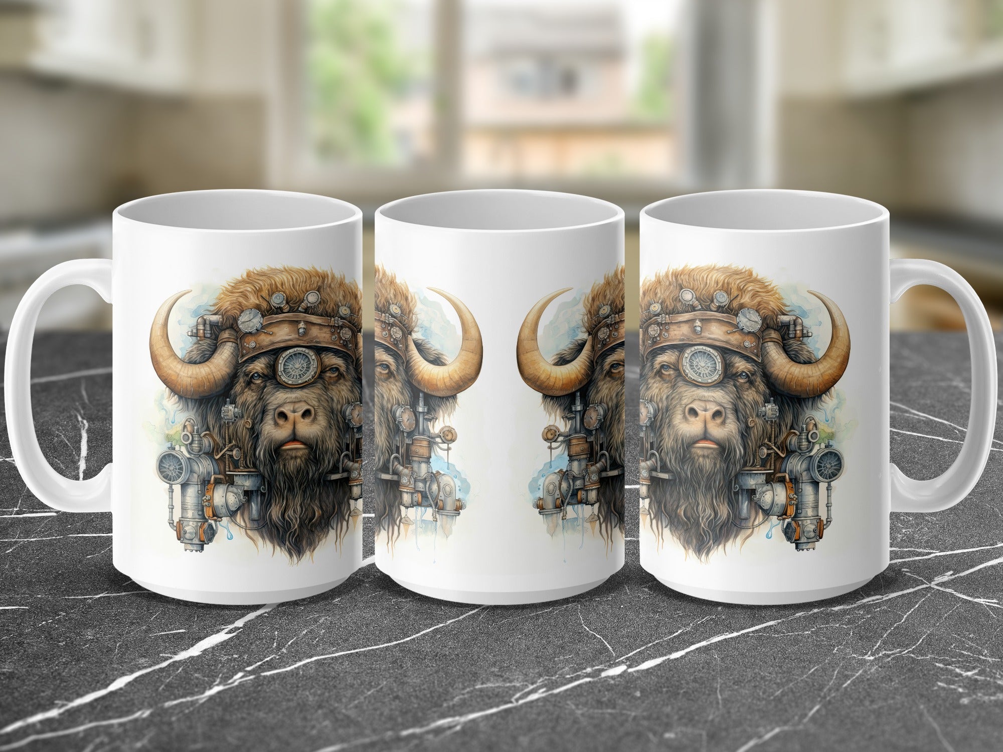Steampunk buffalo head design on white ceramic mug.