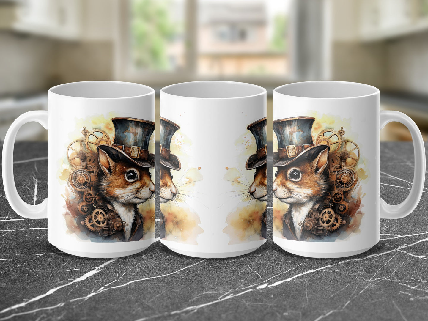 Steampunk squirrel in hat on a white mug, displayed from three angles.