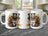 Steampunk squirrel in hat on a white mug, displayed from three angles.