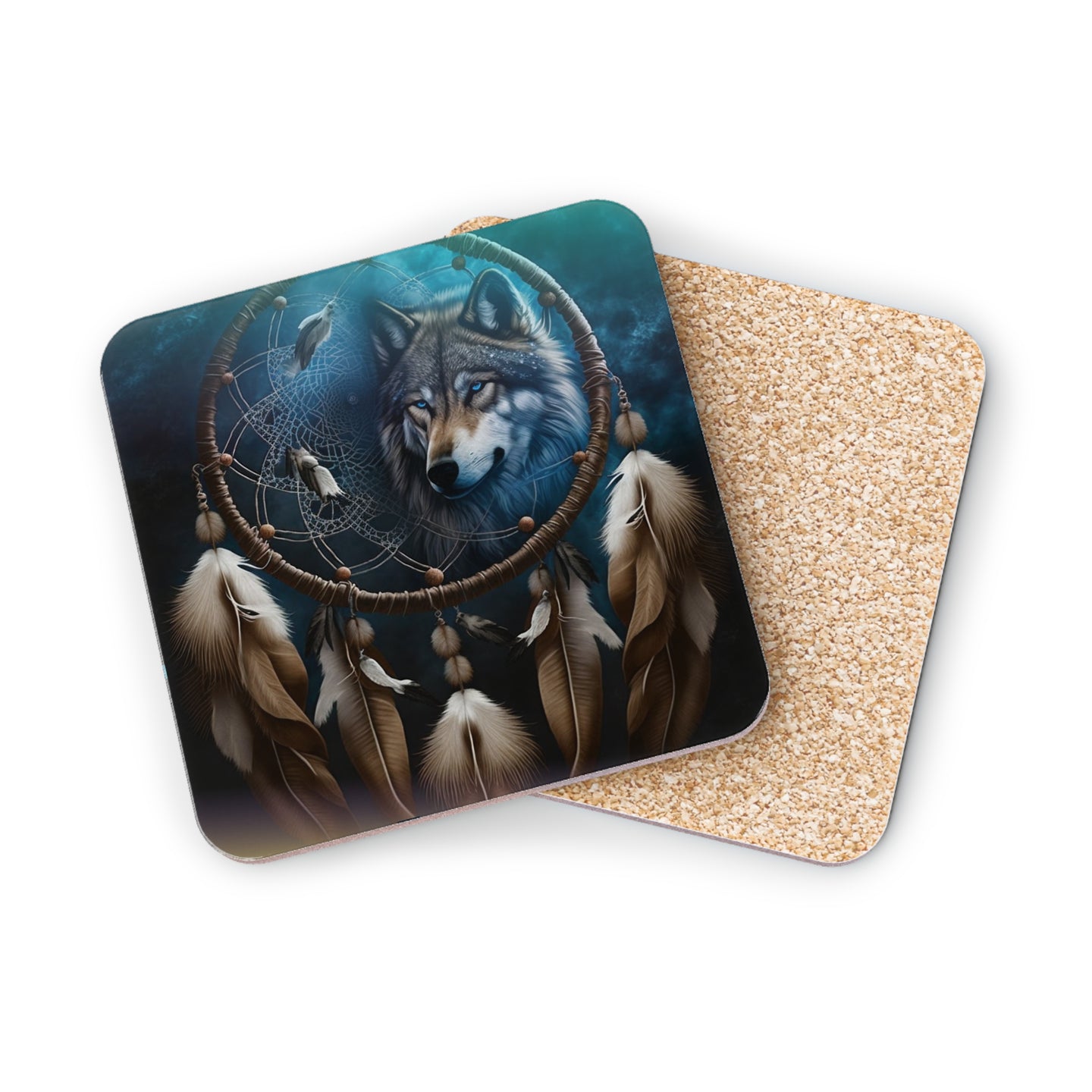 Wolf head on dreamcatcher with feathers, on cork coaster