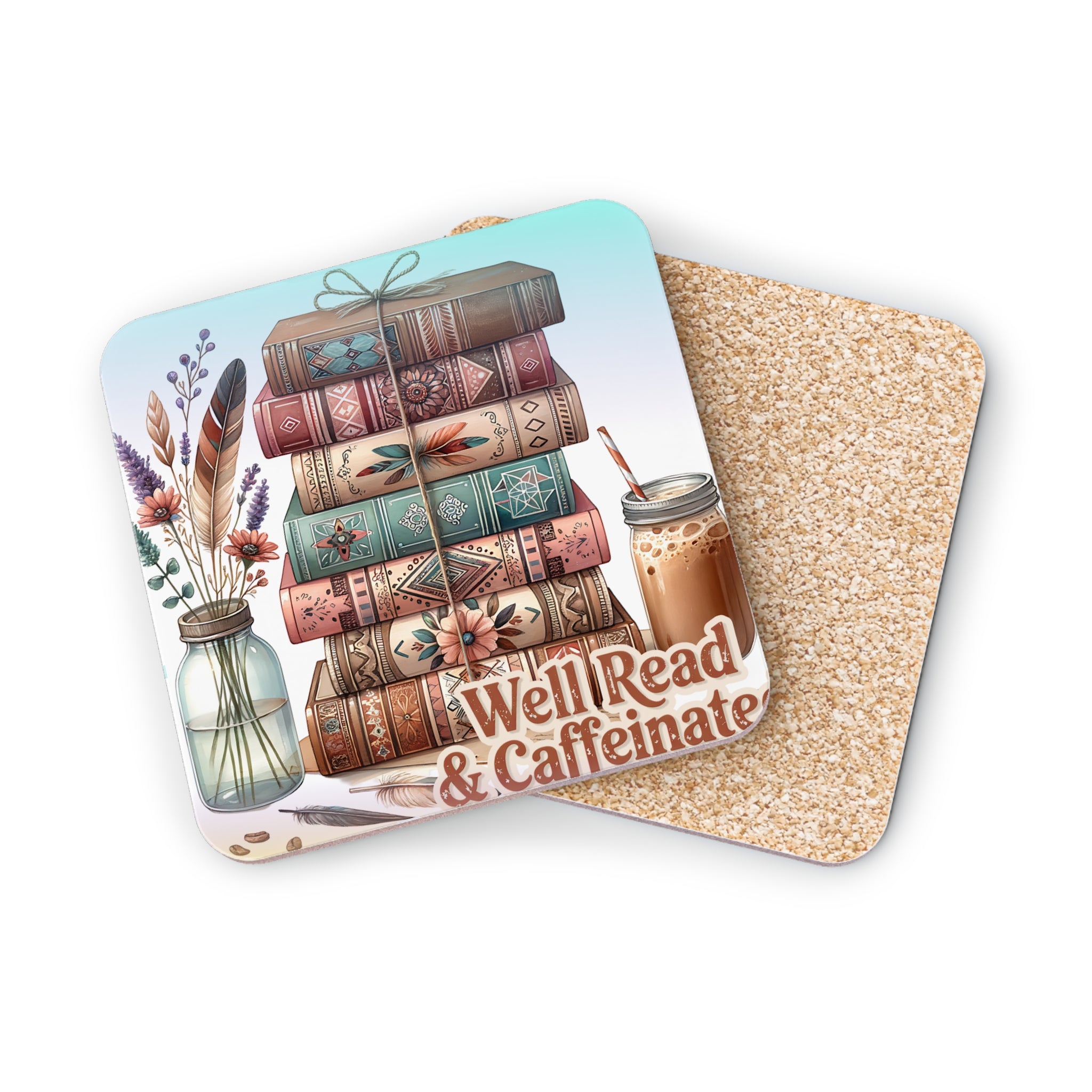 Stack of vintage books with feathers, jar, and a drink next to a coaster.