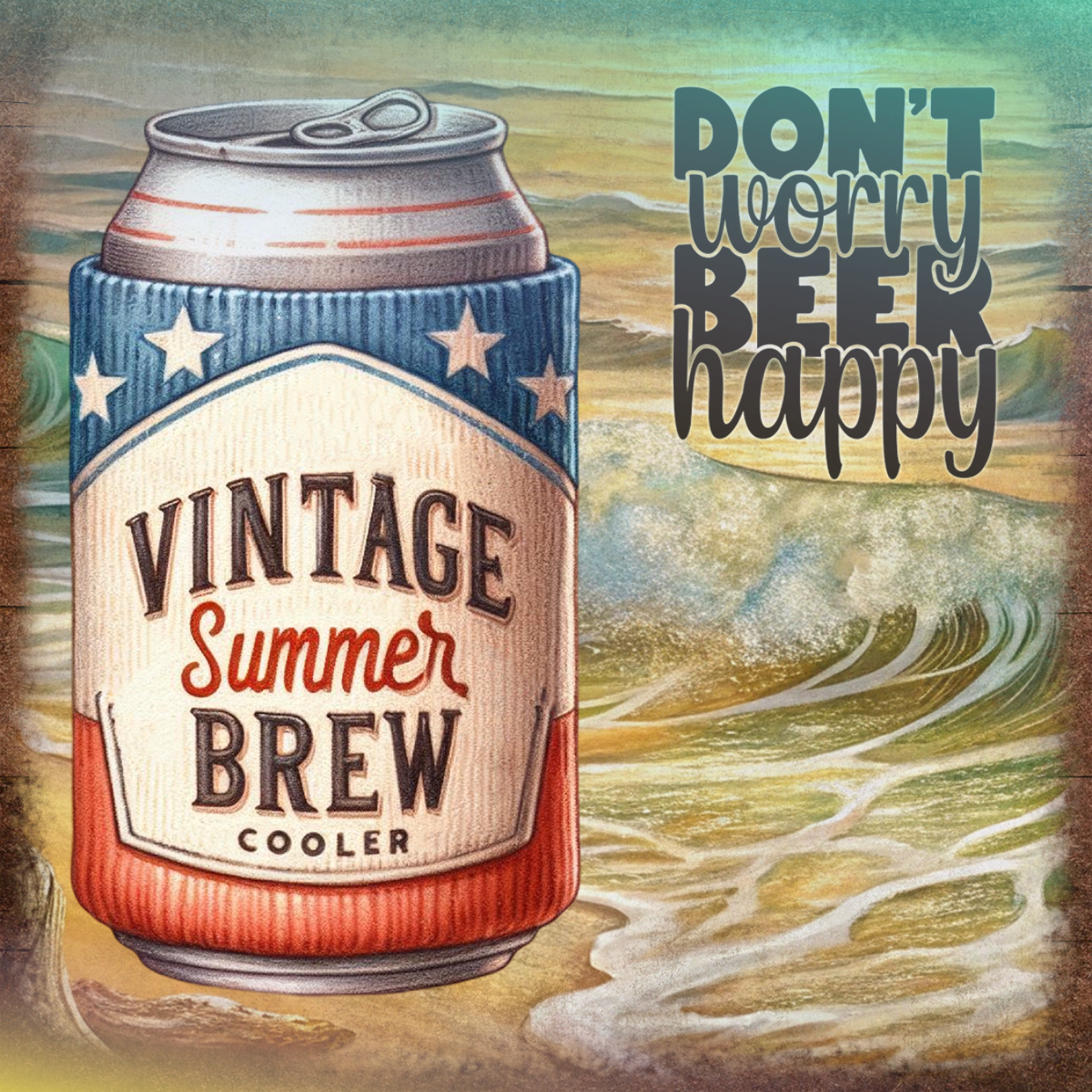 Vintage Summer Brew cooler can with "Don't worry beer happy" text.